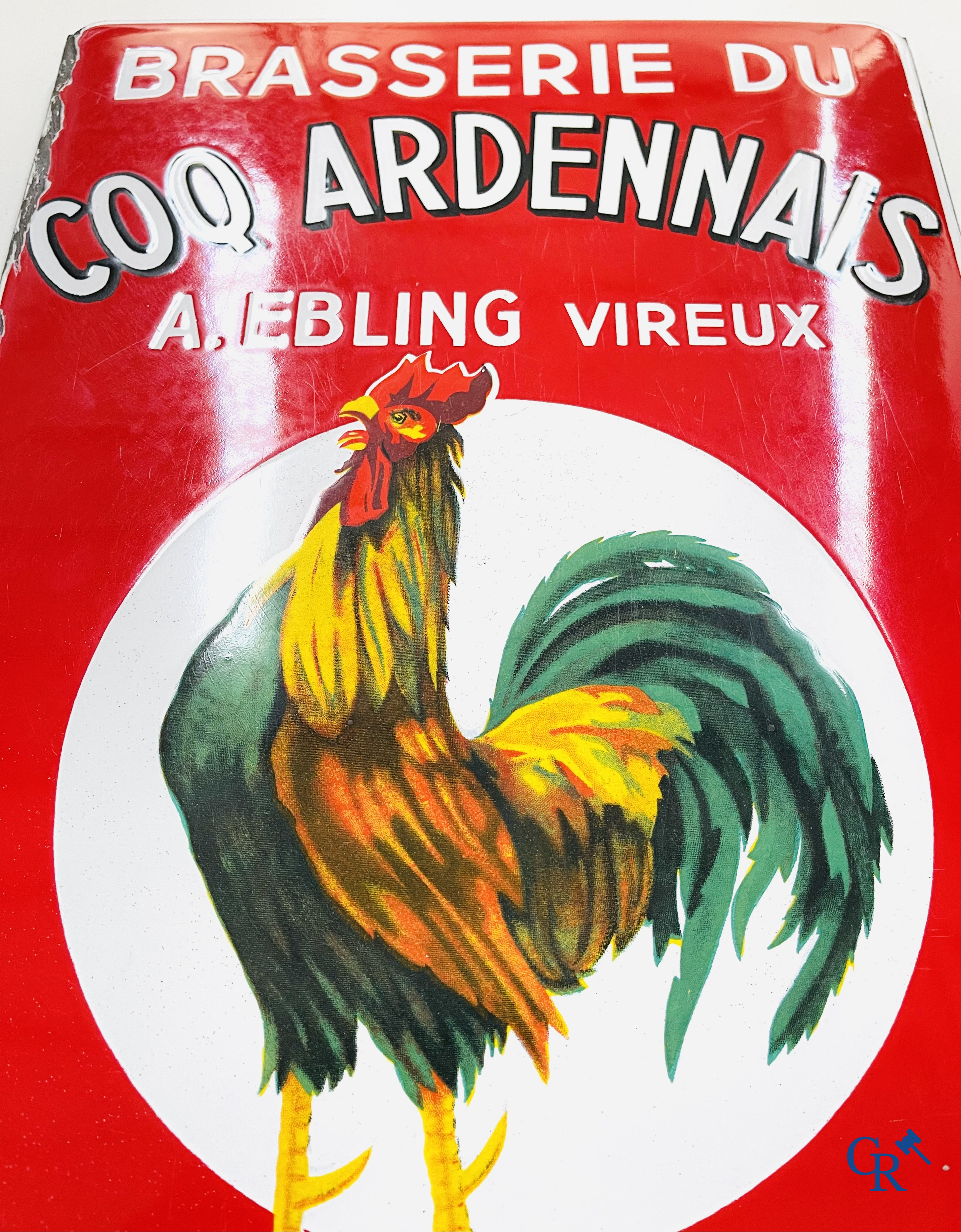 Brasserie du Coq Ardennais, Origineel reclamebord voor bieren, sodas en limonades van brasserie Ebling à Vireux.