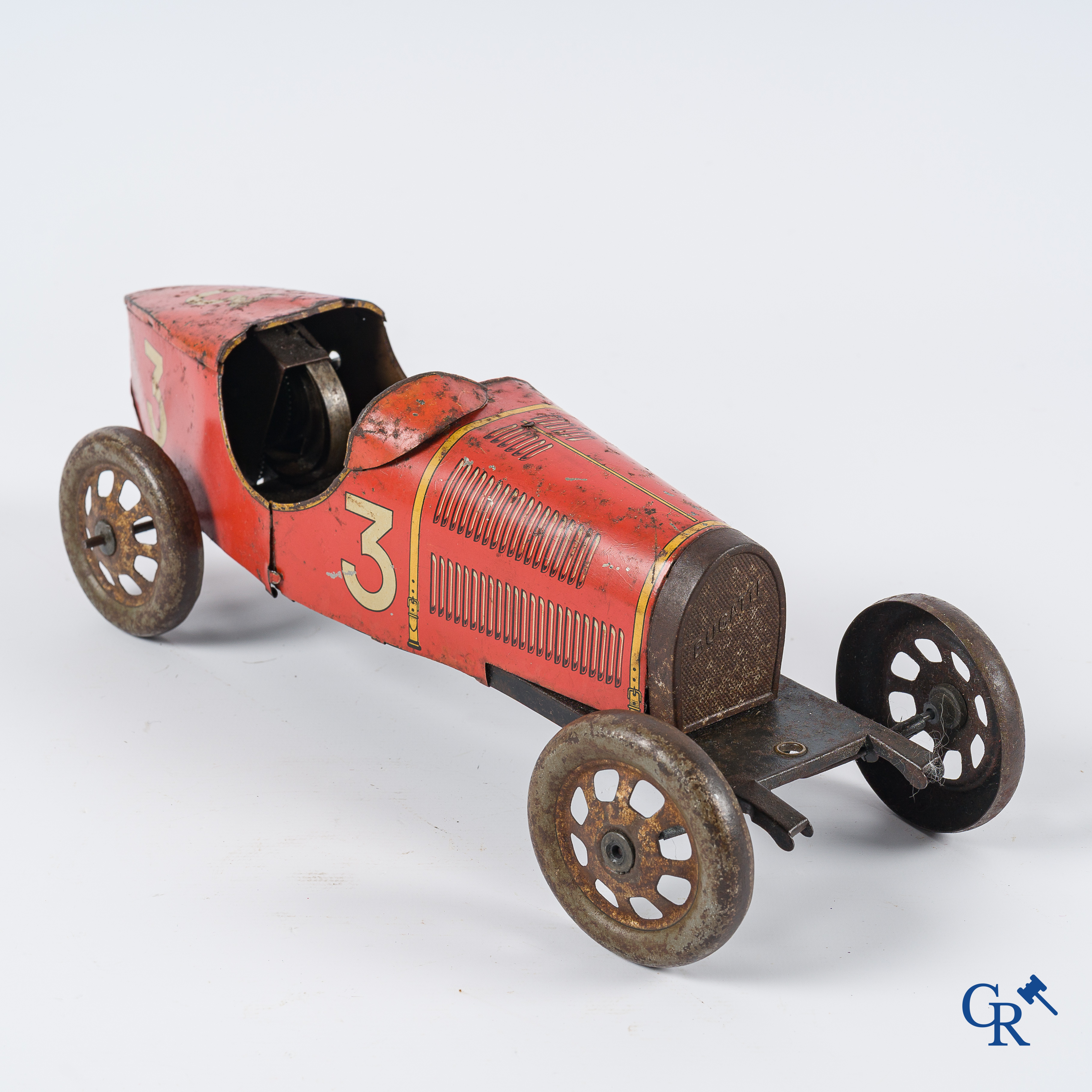 Oud Speelgoed. Jep, Frankrijk. Bugatti n°3, mechanische racewagen in beschilderd blik. Circa 1930.
