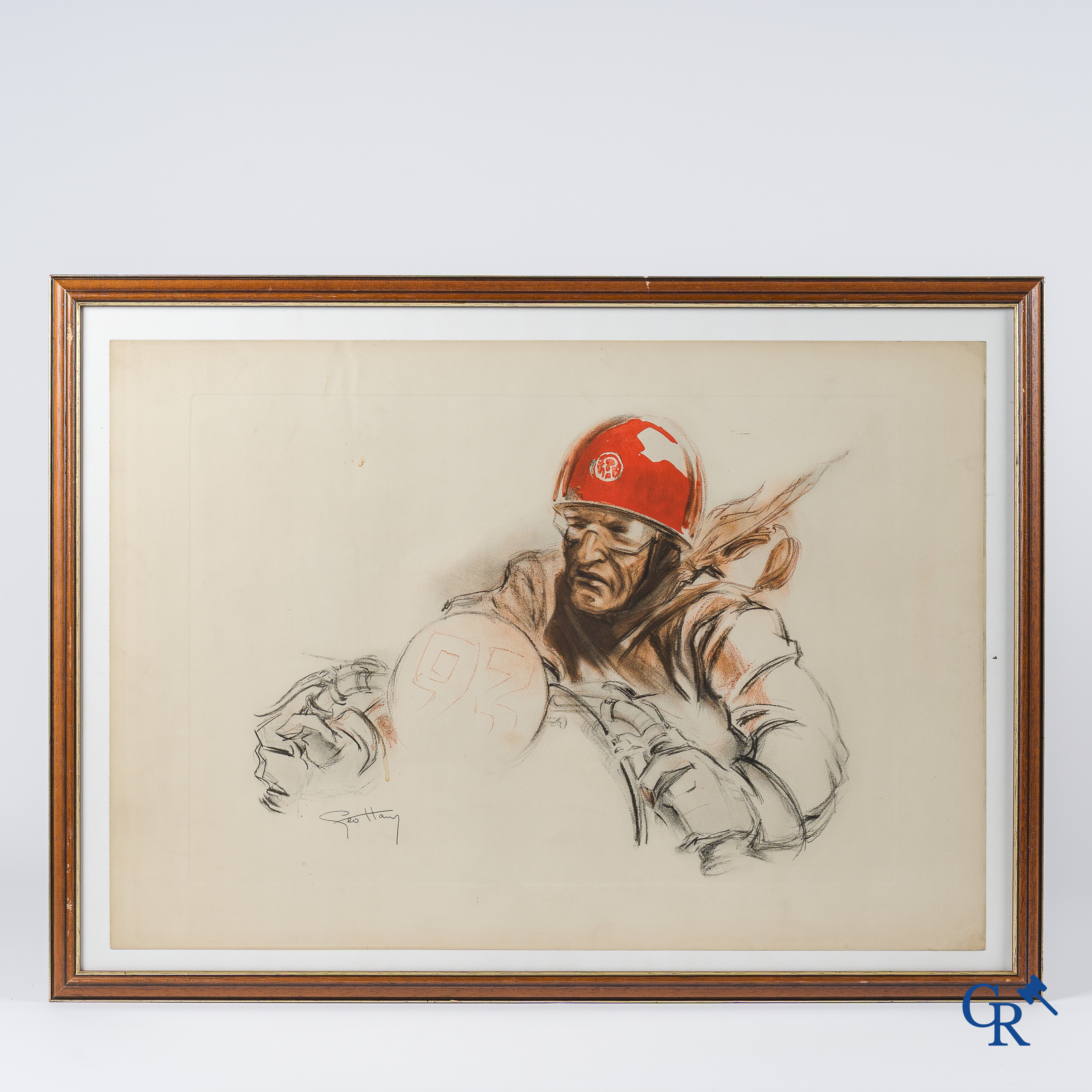 Géo Ham, Georges Hamel (1900-1972) Pilote au casque rouge. Originele kleuren lithografie.