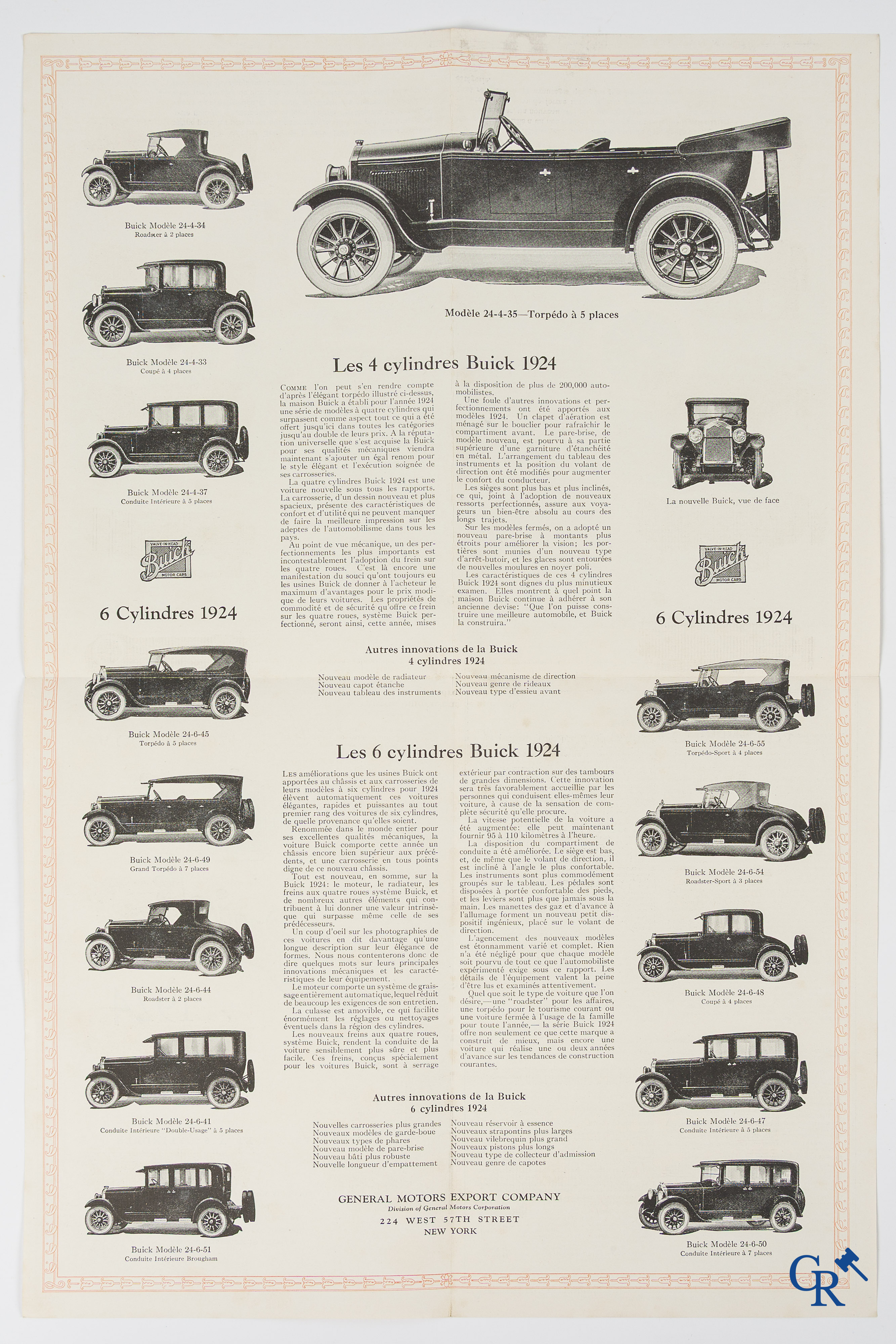 Buick. Luxueuse opvouwbare publiciteitsfolder uit 1924 voor de 4 en 6 cilinders van General Motors export Company.