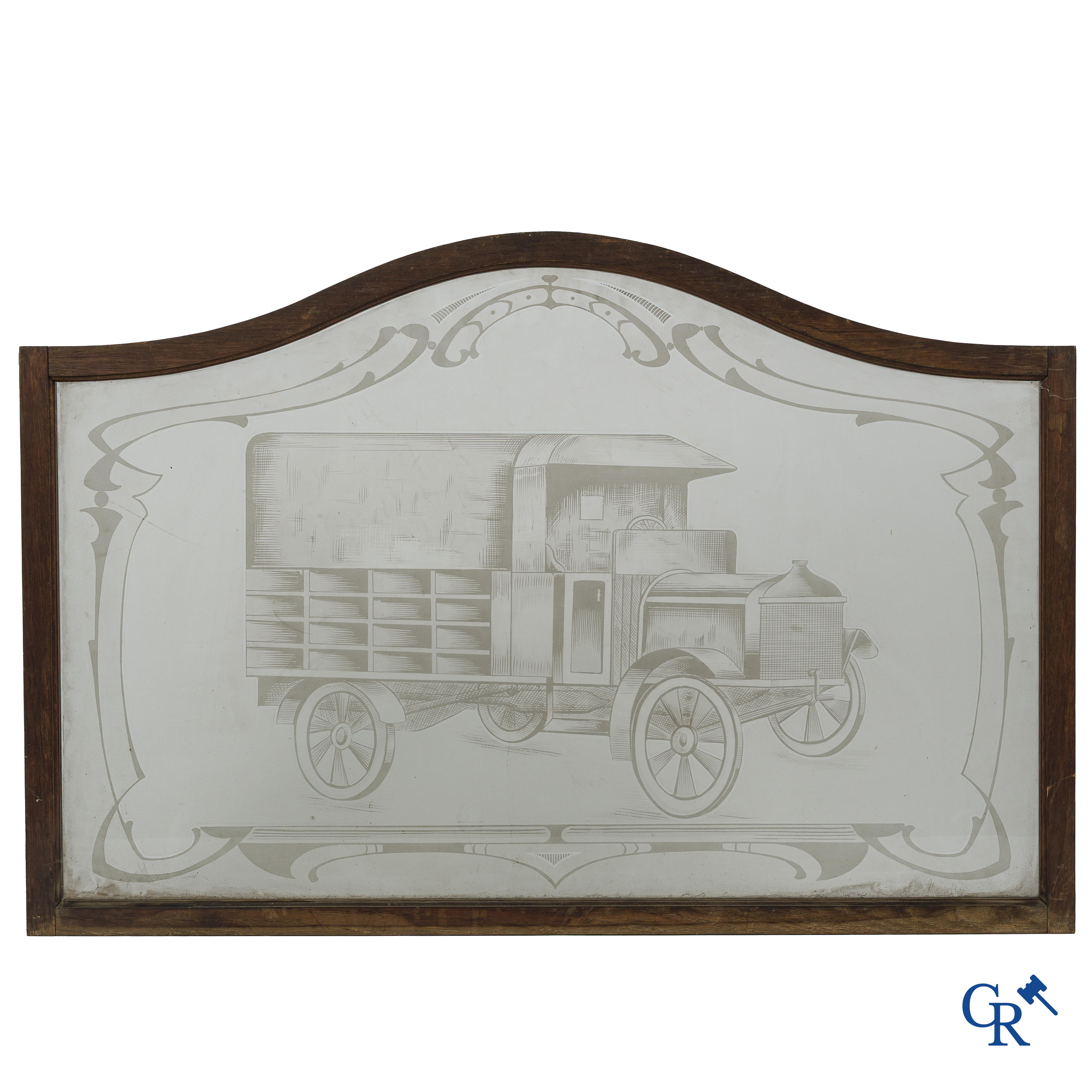Automobilia. 2 geëtste ramen met voorstelling van een Citroën Torpedo en een Berliet bestelwagen. Circa 1925 -1930.