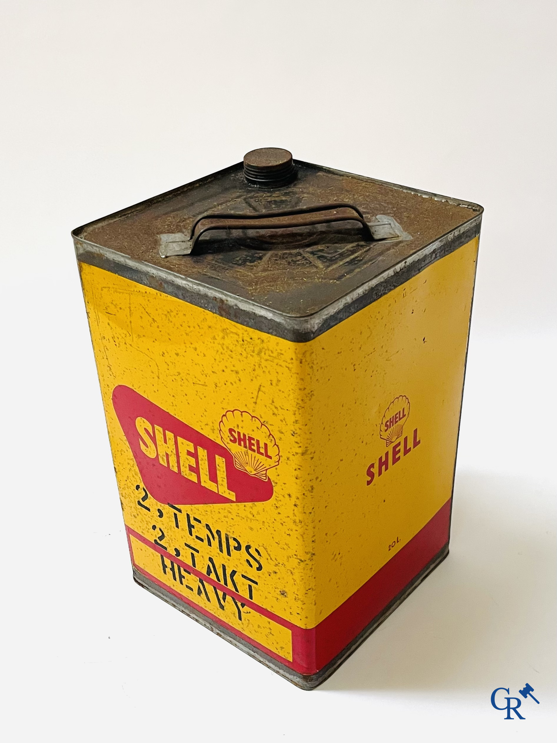 Shell, 3 grote olie blikken, 20L. Shell 2 takt, Rotella Oil, Shell X-100 Motor Oil. Jaren '50.