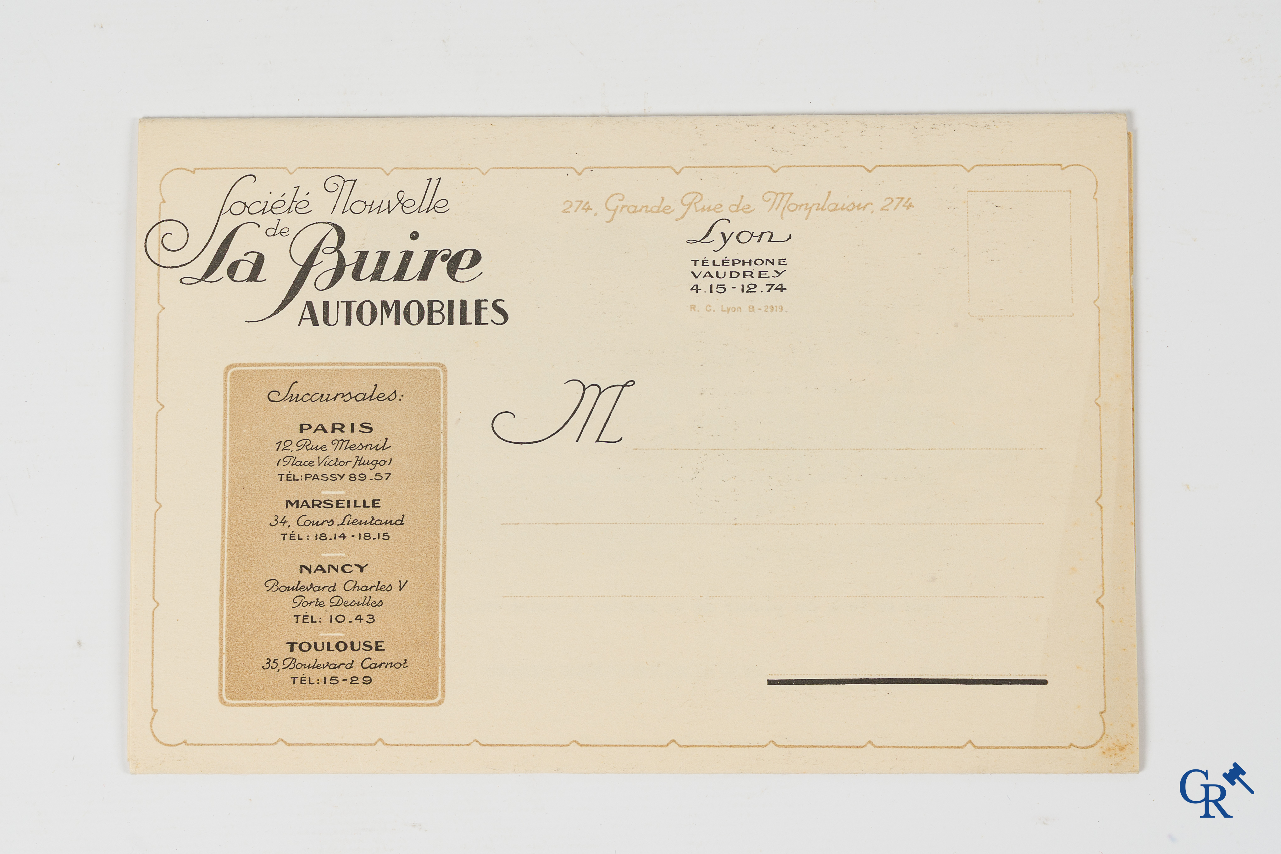 La Buire Automobiles, Uitzonderlijk opvouwbare publiciteitsenveloppe en een folder met prijslijst. 1924-1926.