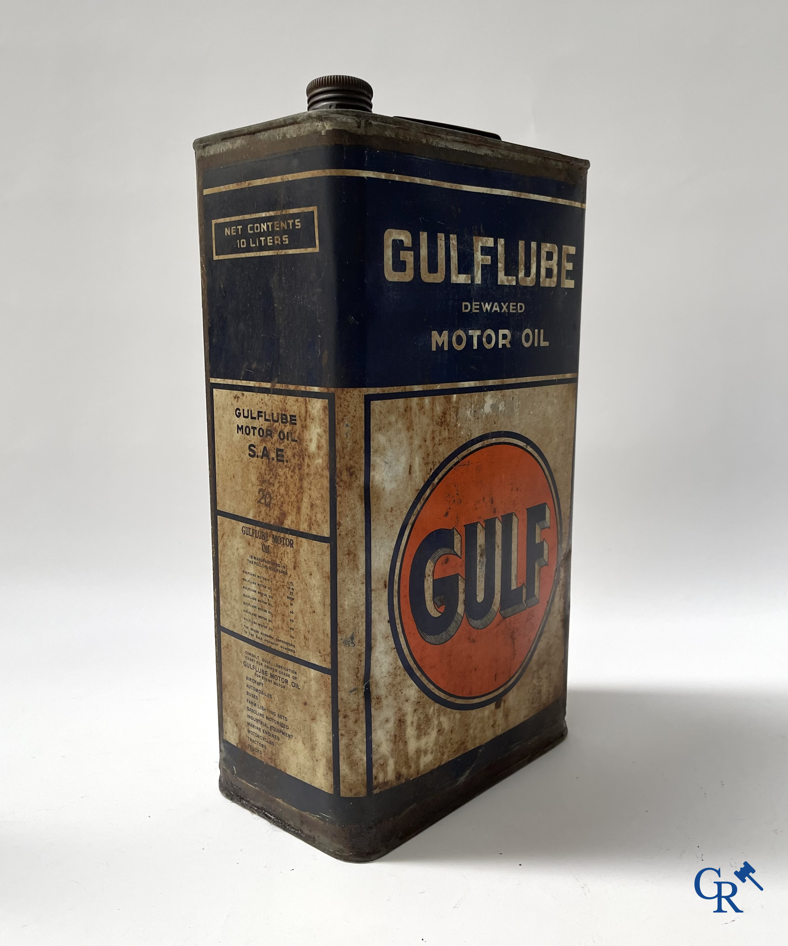 Automobilia, Lot olieblikken. Gulf, Gulflube Motor oil 10L., Cargoyle-Mobiloil, Bret-oil, Castrollo. Jaren '30-'40-'50.