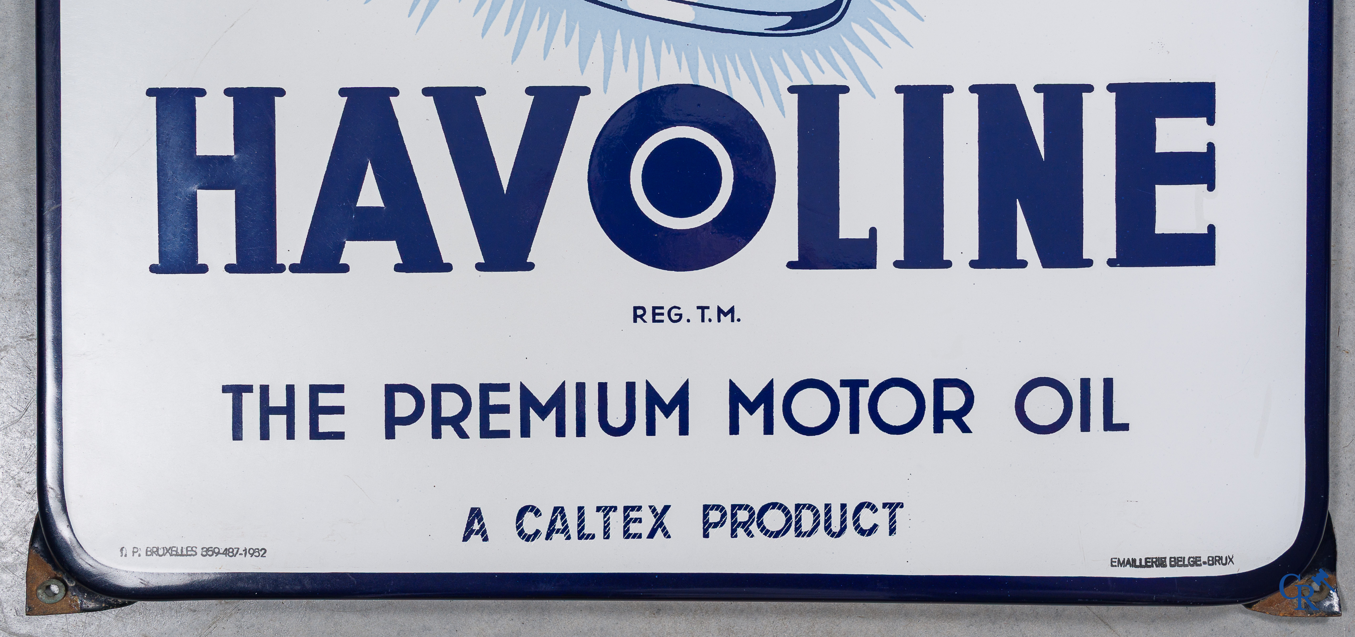 Havoline, Caltex. The Premium Motor Oil. Emaille reclamebord voor Caltex motorolie. Emaillerie Belge-Bruxelles 1952.