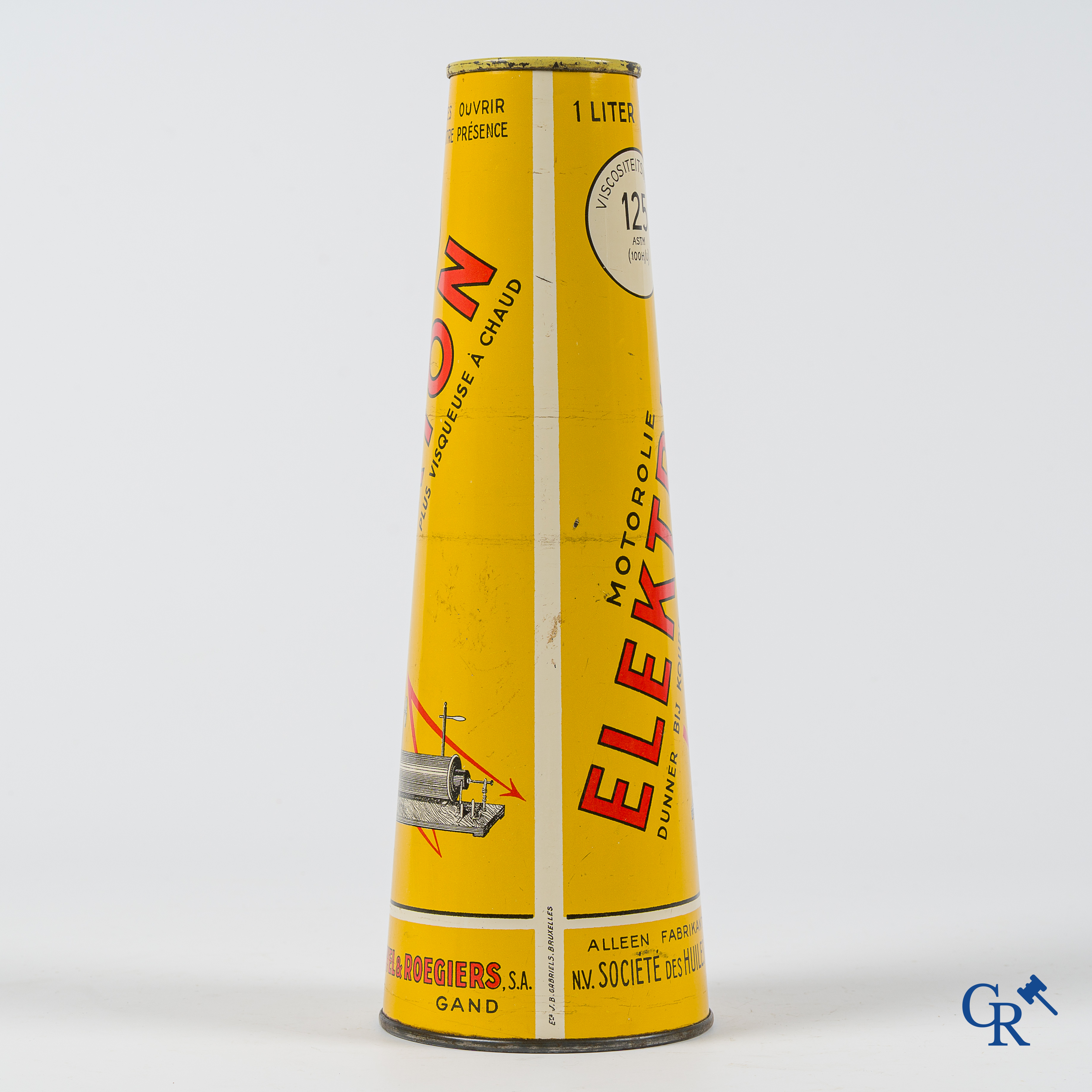 Elektrion, conisch olieblik 1 Liter. Société des Huiles De Cavel & Roegiers S.A. Gand. Ets. J.B. Gabriels Bruxelles.
