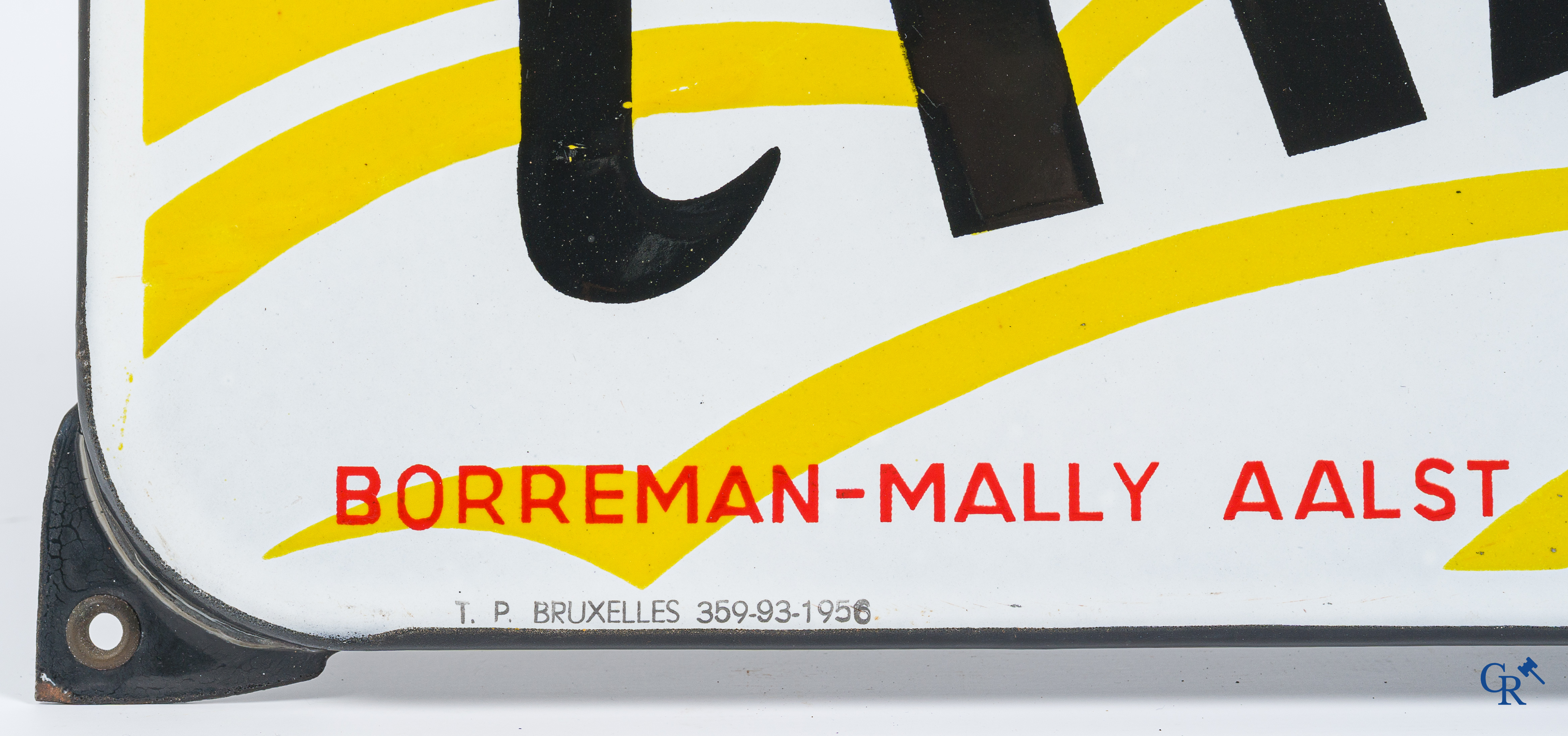 Emaille reclamebord voor de tabaksfabriek 't Haantje van de familie Borreman-Mally te Aalst. Emaillerie Belge, 1956.
