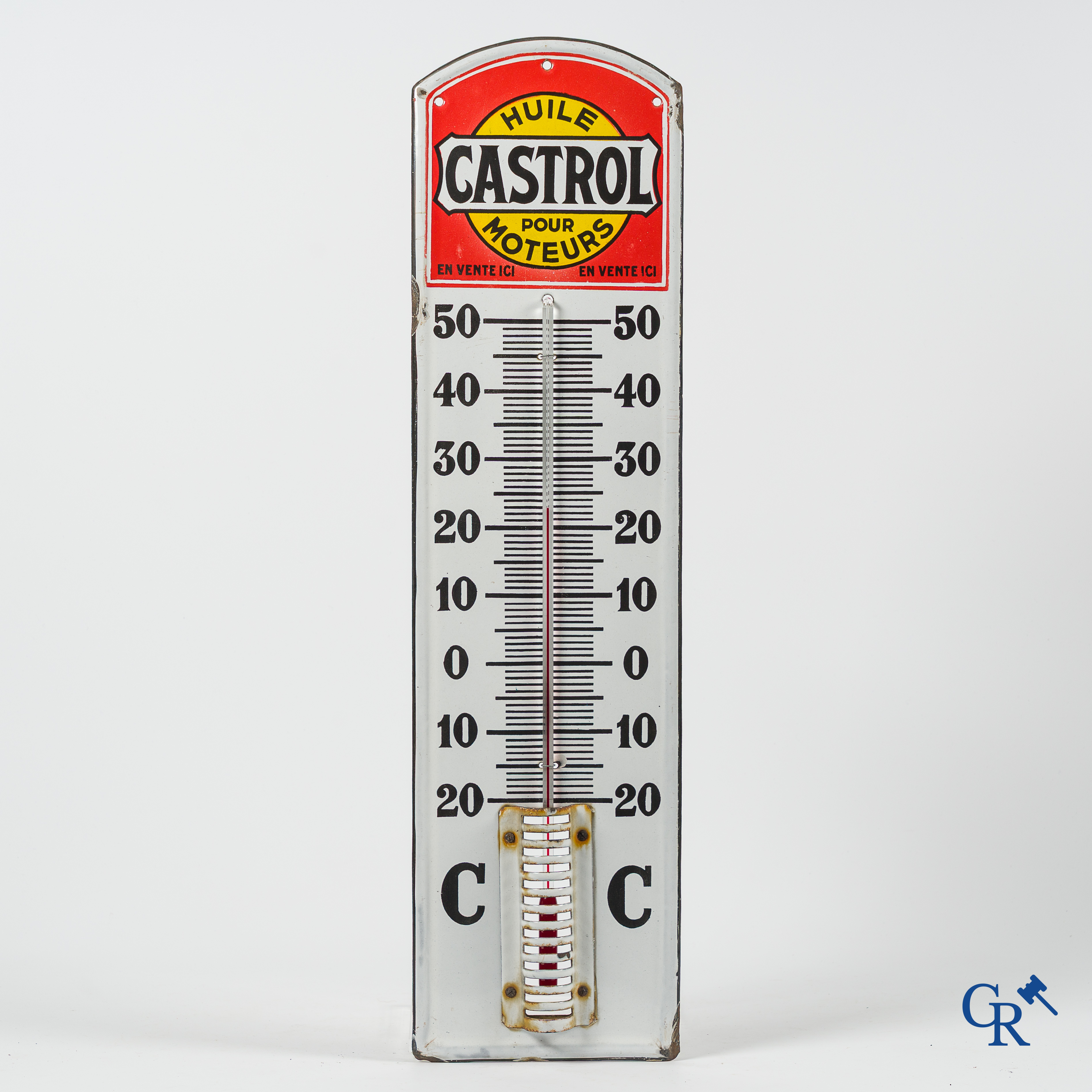Castrol, Huile pour moteurs. En vente ici. Publiciteits thermometer voor Castrol motor olie. Jaren '20-'30.