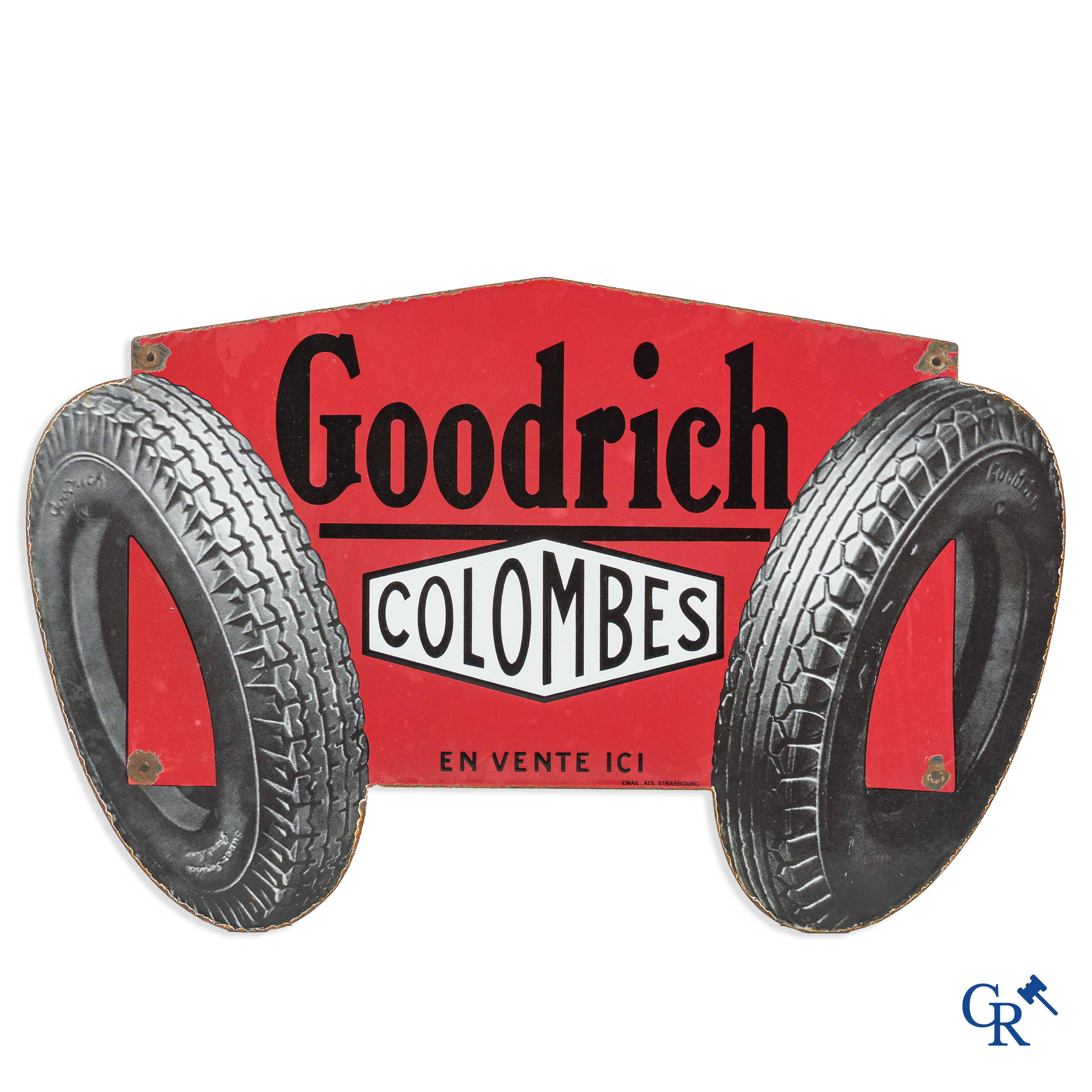 Goodrich Colombes, En vente ici. Emaille reclamebord voor autobanden van Goodrich. Jaren '60.