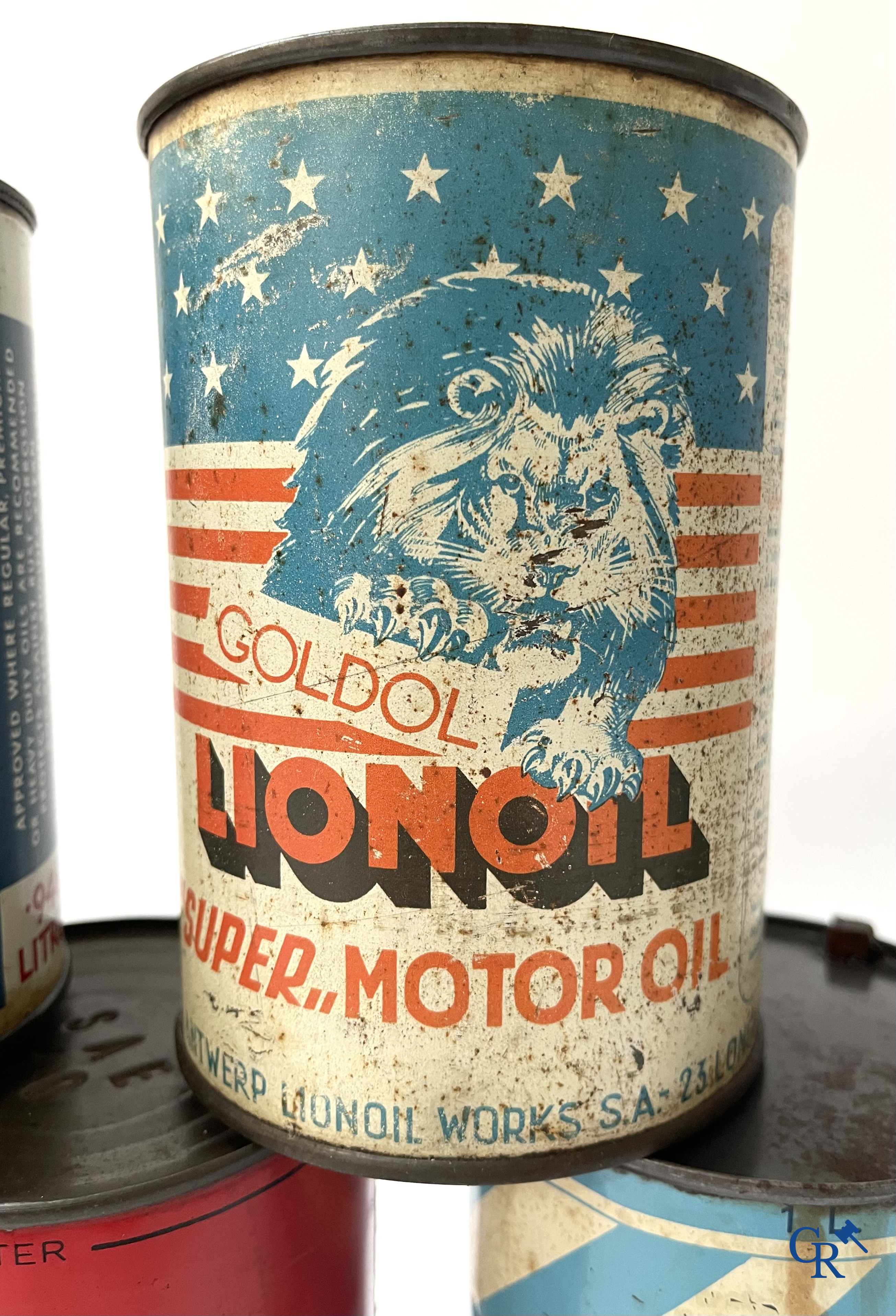Automobilia. 8 Olieblikken. Atlantic, Cotriol Sport, Denicol, Gulf, Neveol Trading, Yacco, RBP. Jaren '40-'50.