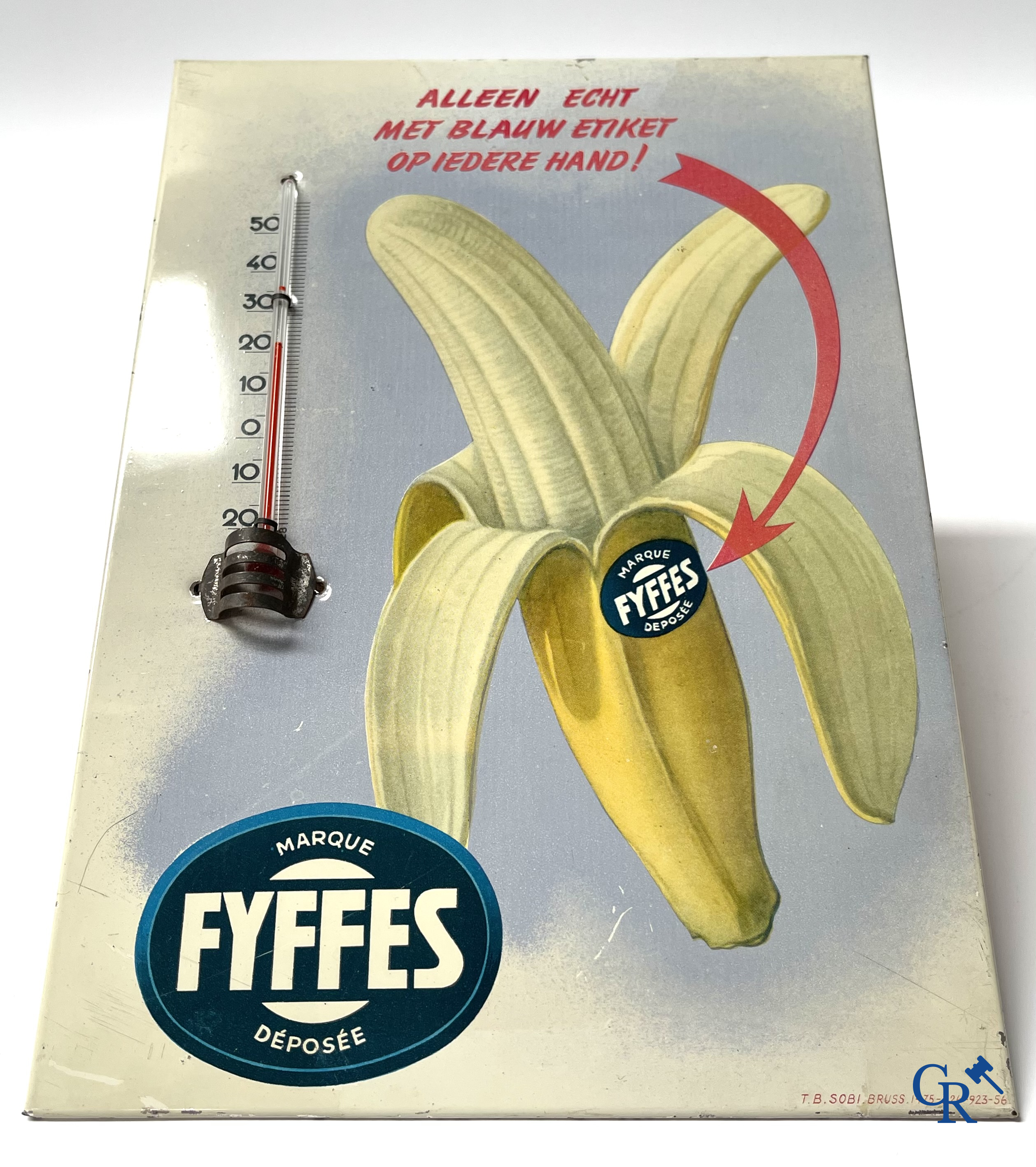 Fyffes, publiciteits thermometer in bedrukt blik voor Fyffes bananen. Sobi Brussel 1956.