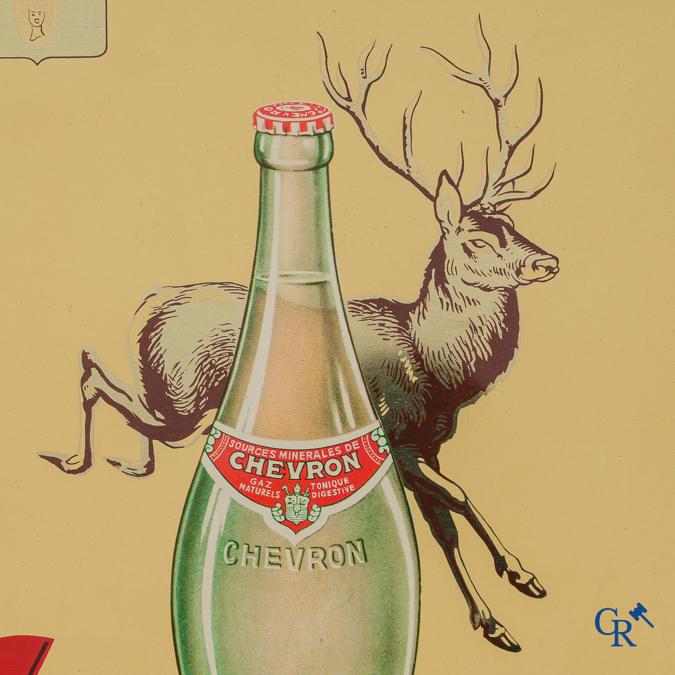Chevron, Gaz naturels. Publiciteit in bedrukt blik voor de mineraalbronnen van Chevron. Taxe Payée Bruxelles 1956.