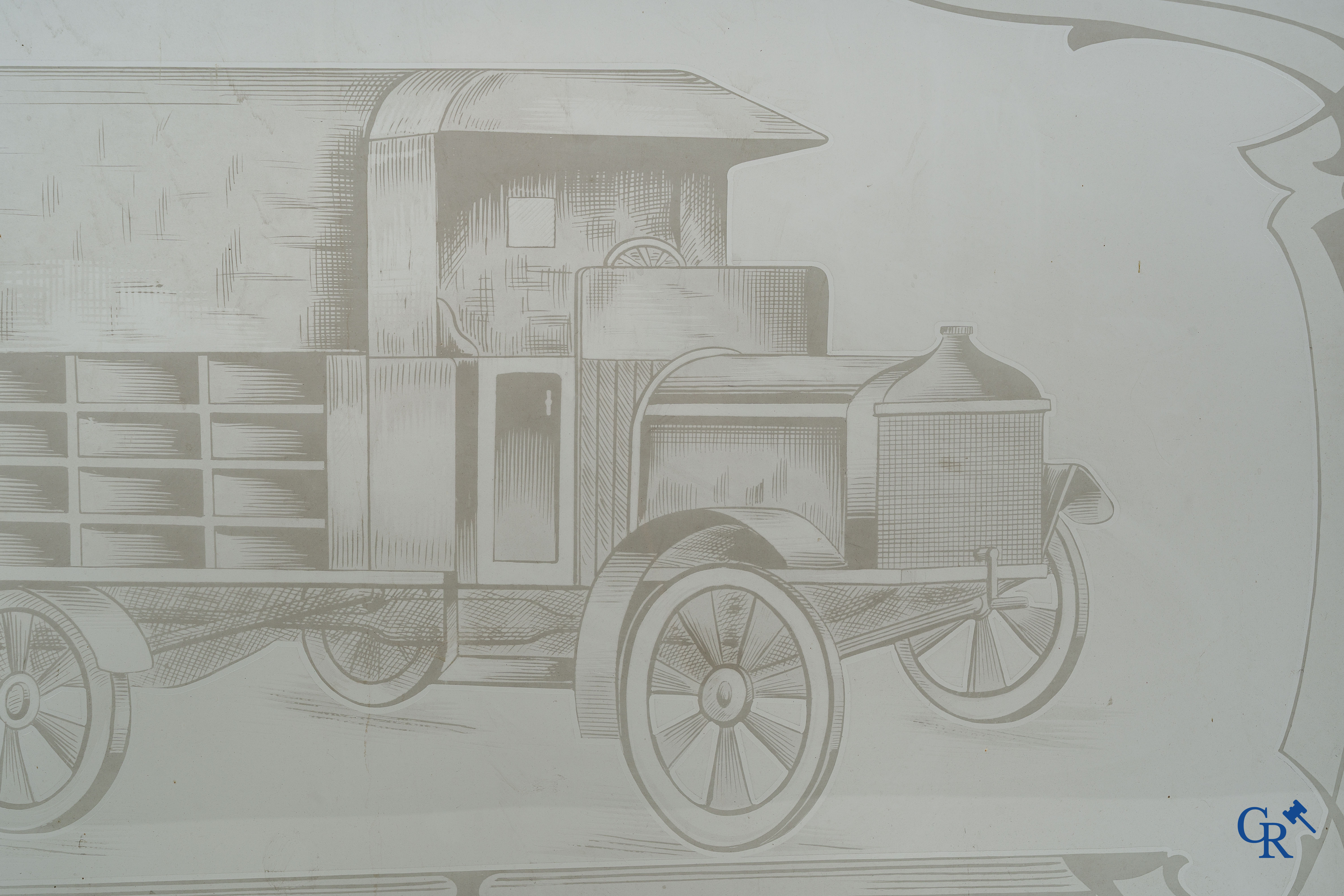 Automobilia. 2 geëtste ramen met voorstelling van een Citroën Torpedo en een Berliet bestelwagen. Circa 1925 -1930.