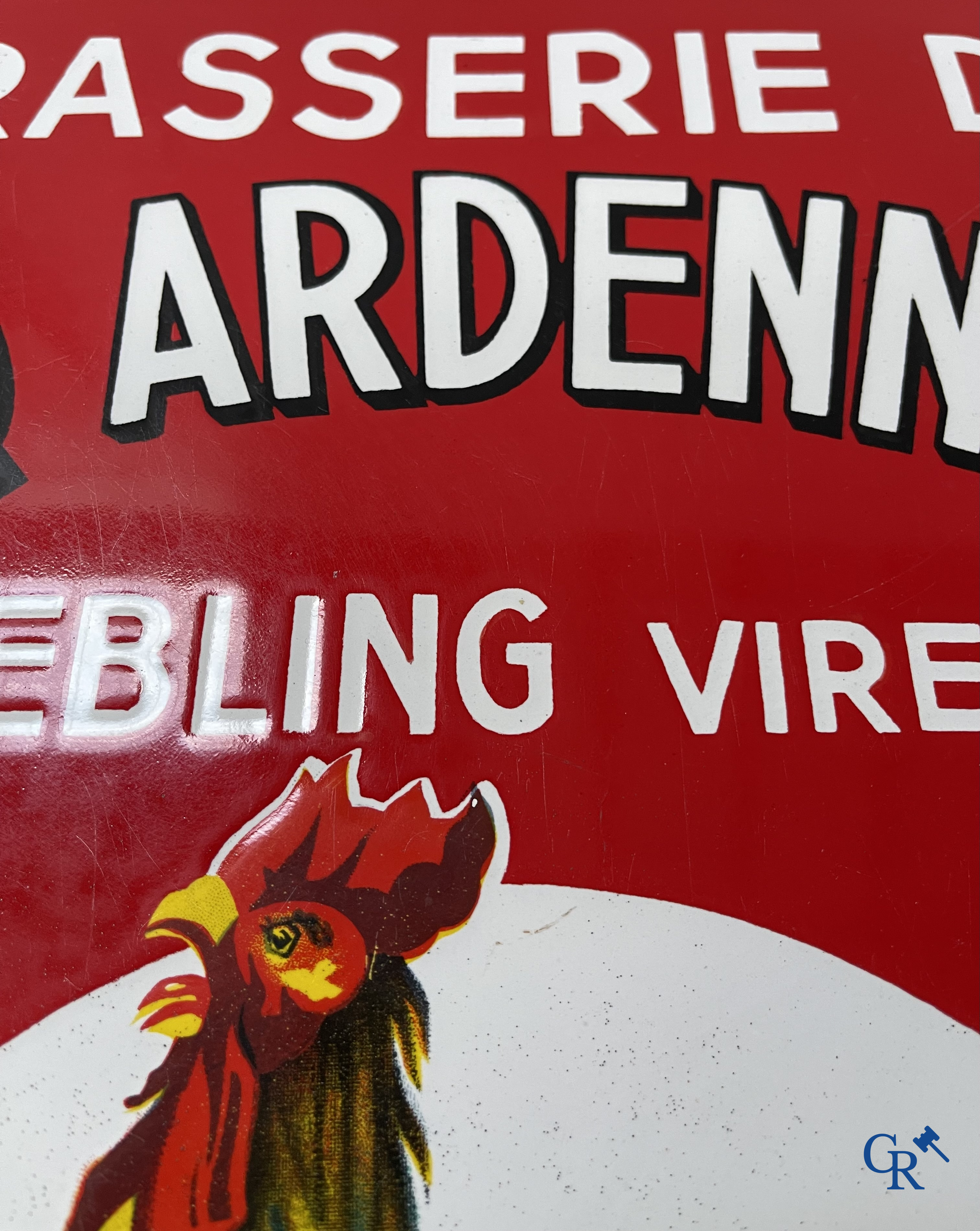Brasserie du Coq Ardennais, Origineel reclamebord voor bieren, sodas en limonades van brasserie Ebling à Vireux.