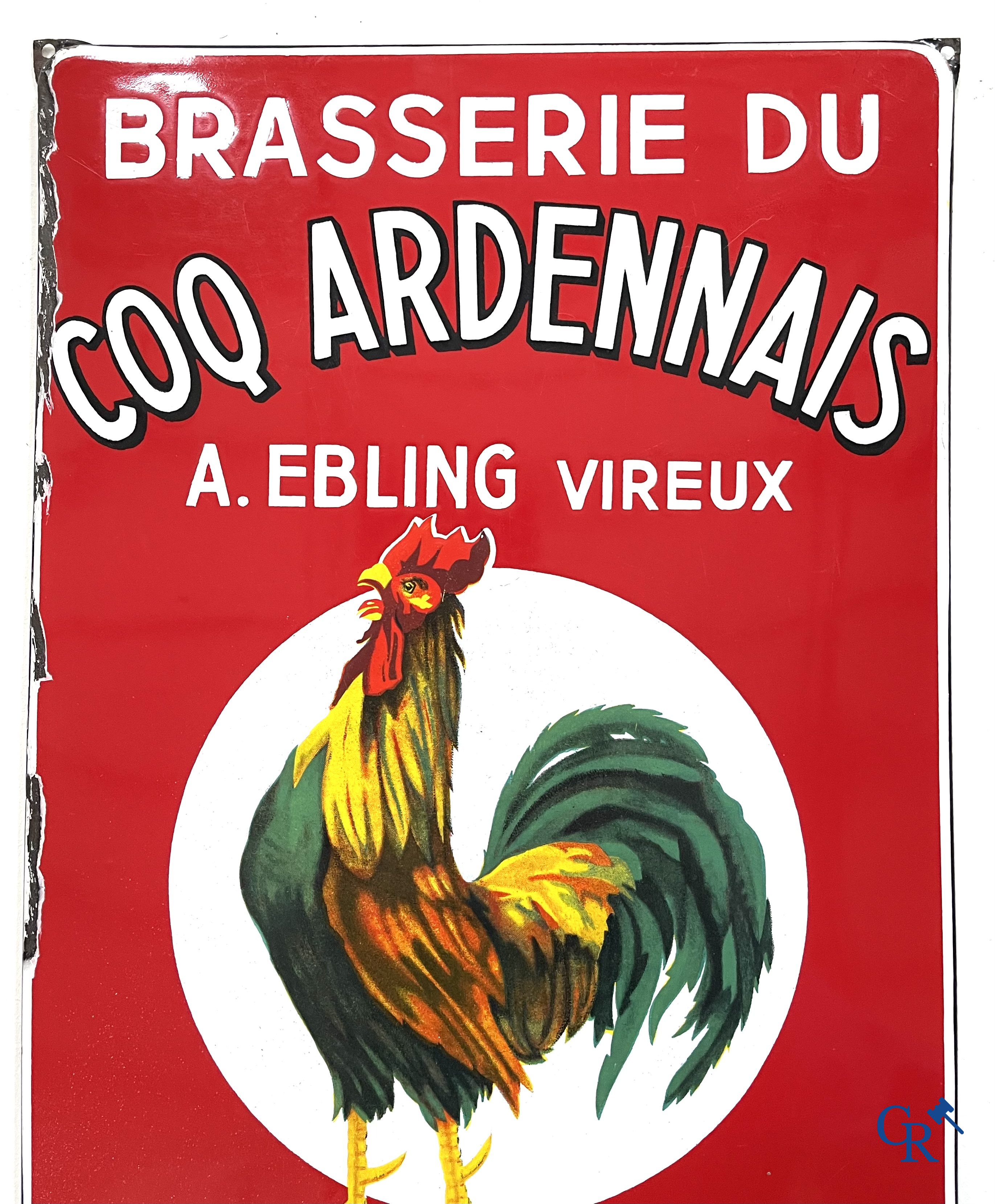 Brasserie du Coq Ardennais, Origineel reclamebord voor bieren, sodas en limonades van brasserie Ebling à Vireux.