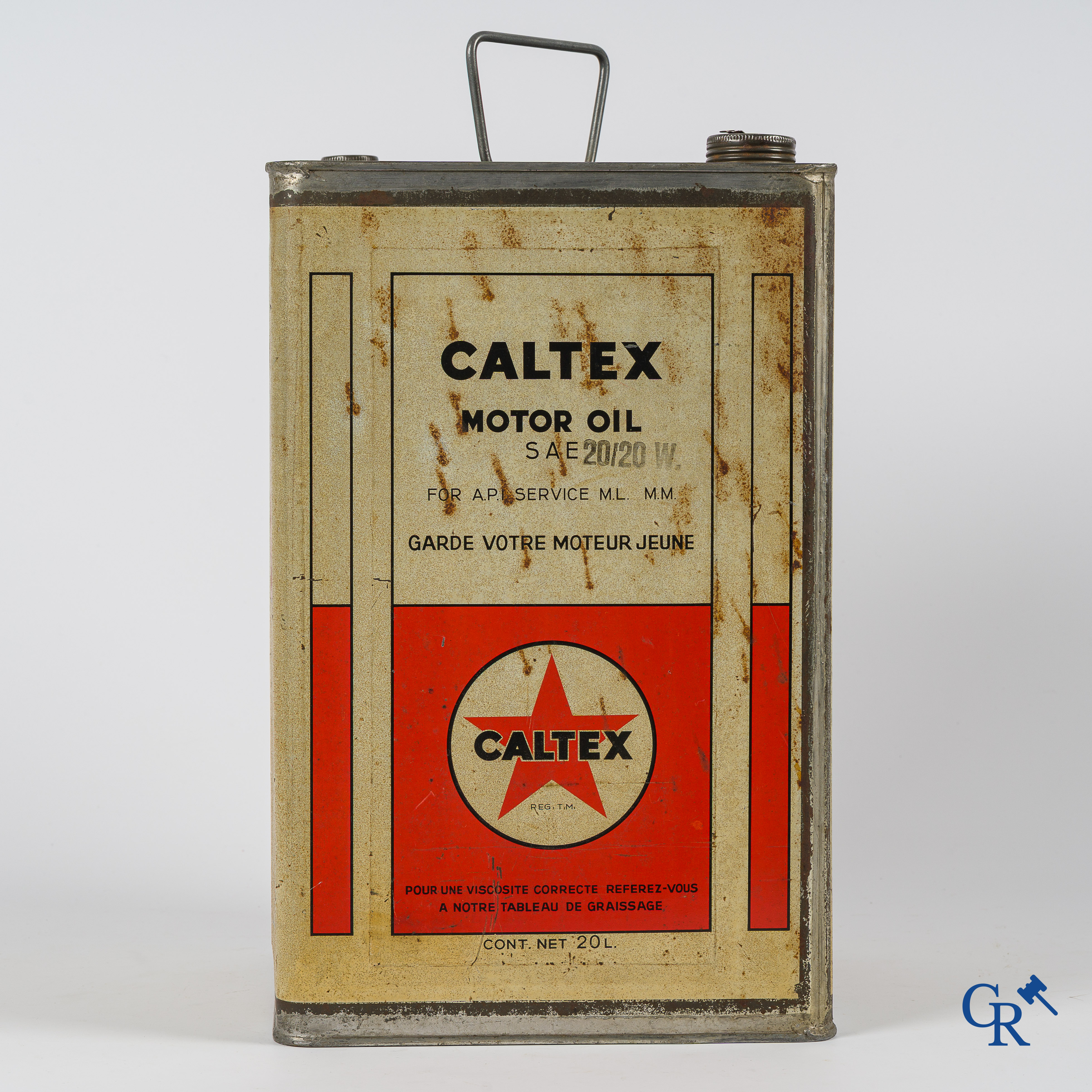 Caltex Motor Oil, Groot olieblik, 20L. Zeldzame Belgische uitvoering. "Behoudt uw motor jong". Jaren '40.