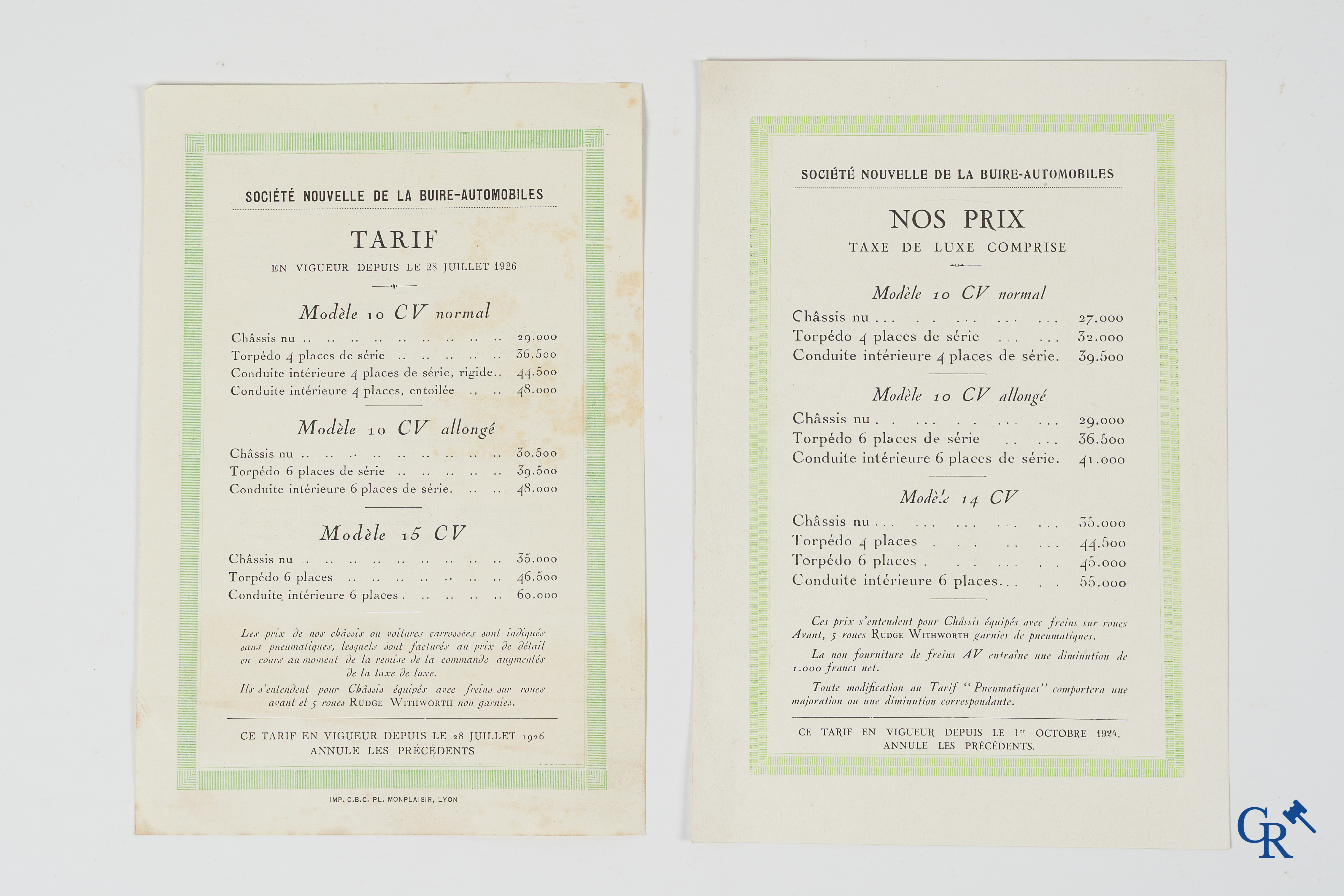 La Buire. Luxe publiciteitsfolder uit 1926 geïllustreerd door Géo Gaumet en 2 prijslijsten uit 1924 en 1926.