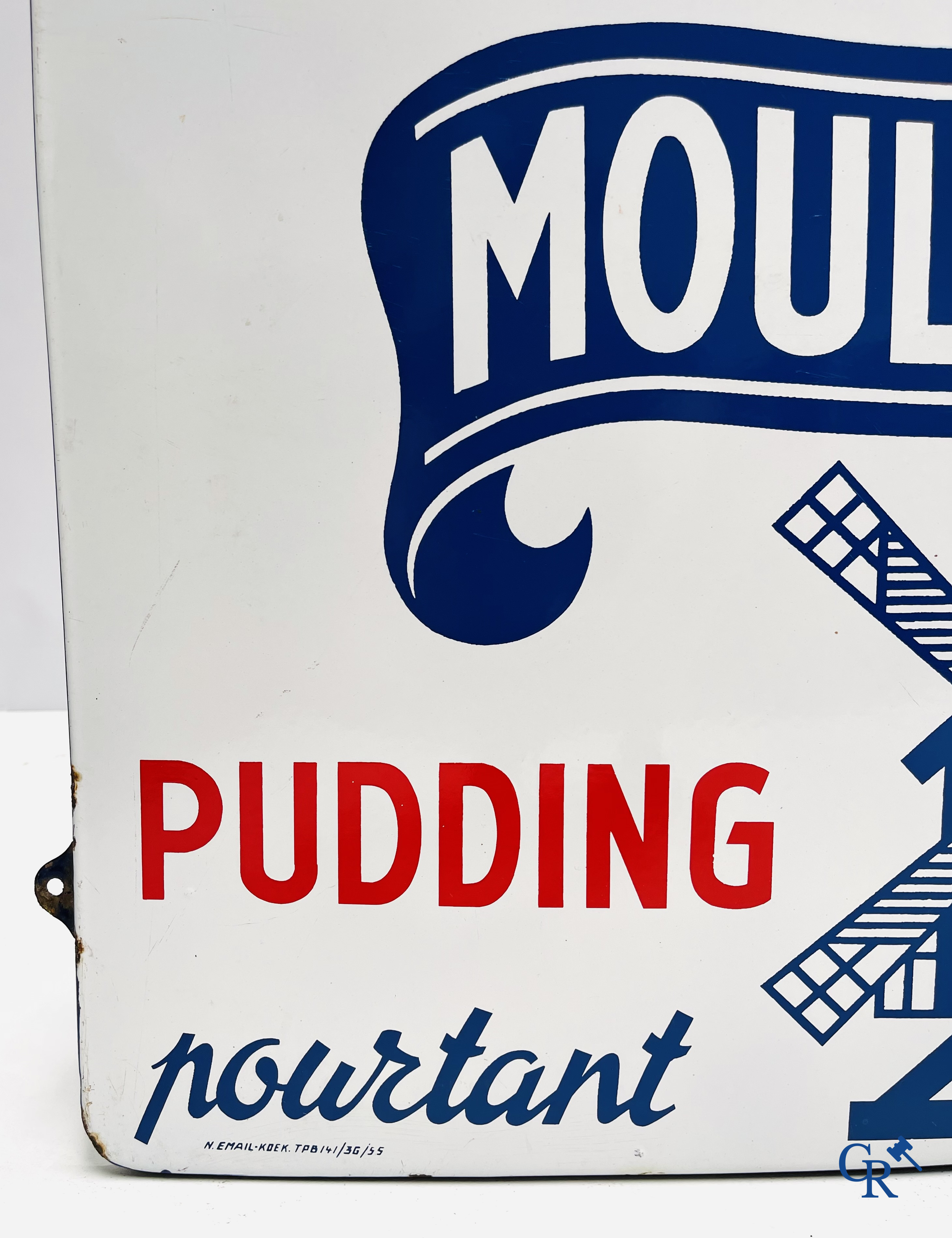 De 3 Molens, emaille reclamebord voor de pudding en havermoutproducten van de Belgische producent Les 3 Moulins.