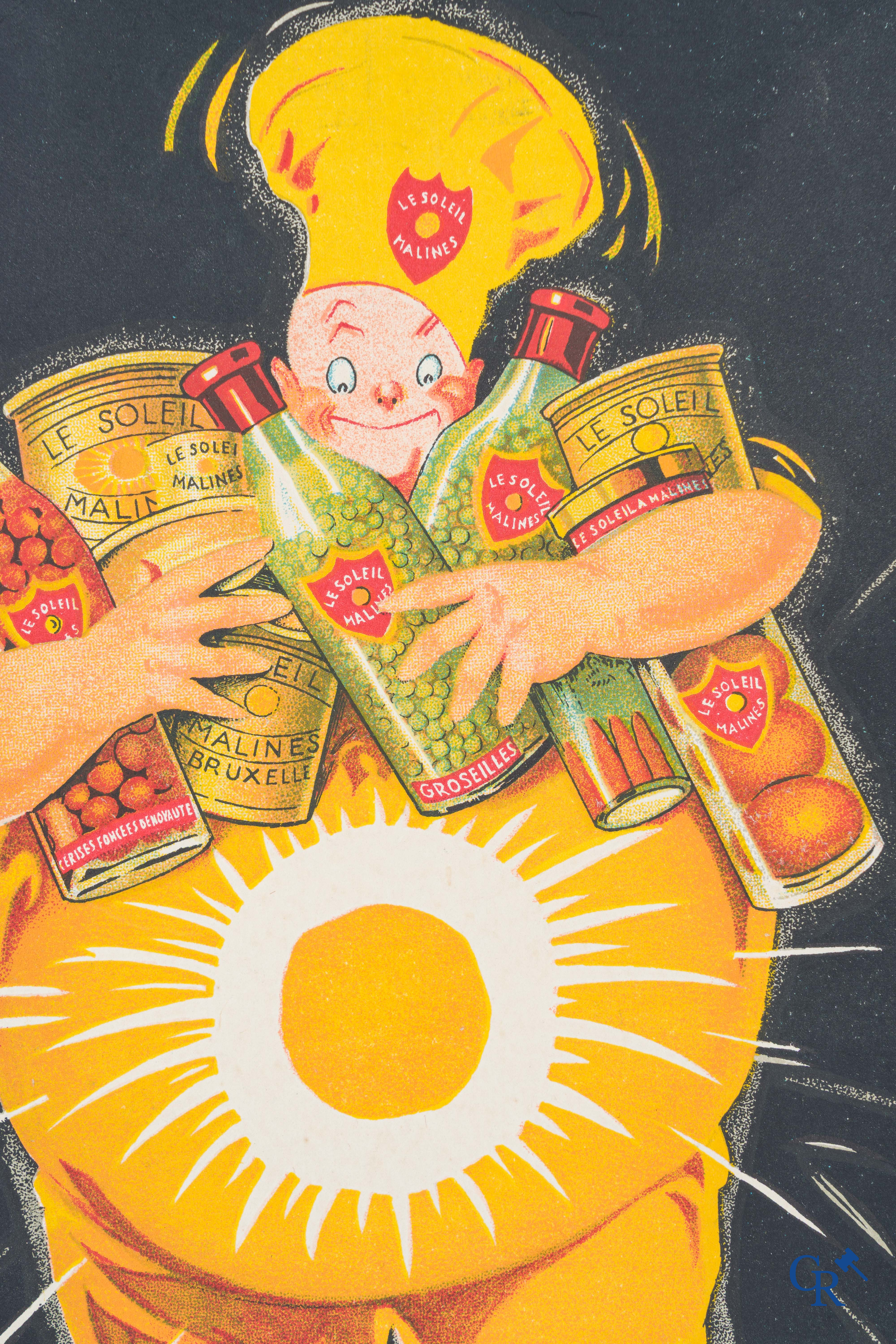 Conserves "Le Soleil" Malines, Publiciteit op karton. Arcitaire, Liége, Paris. Gesigneerd Henry Fournier.