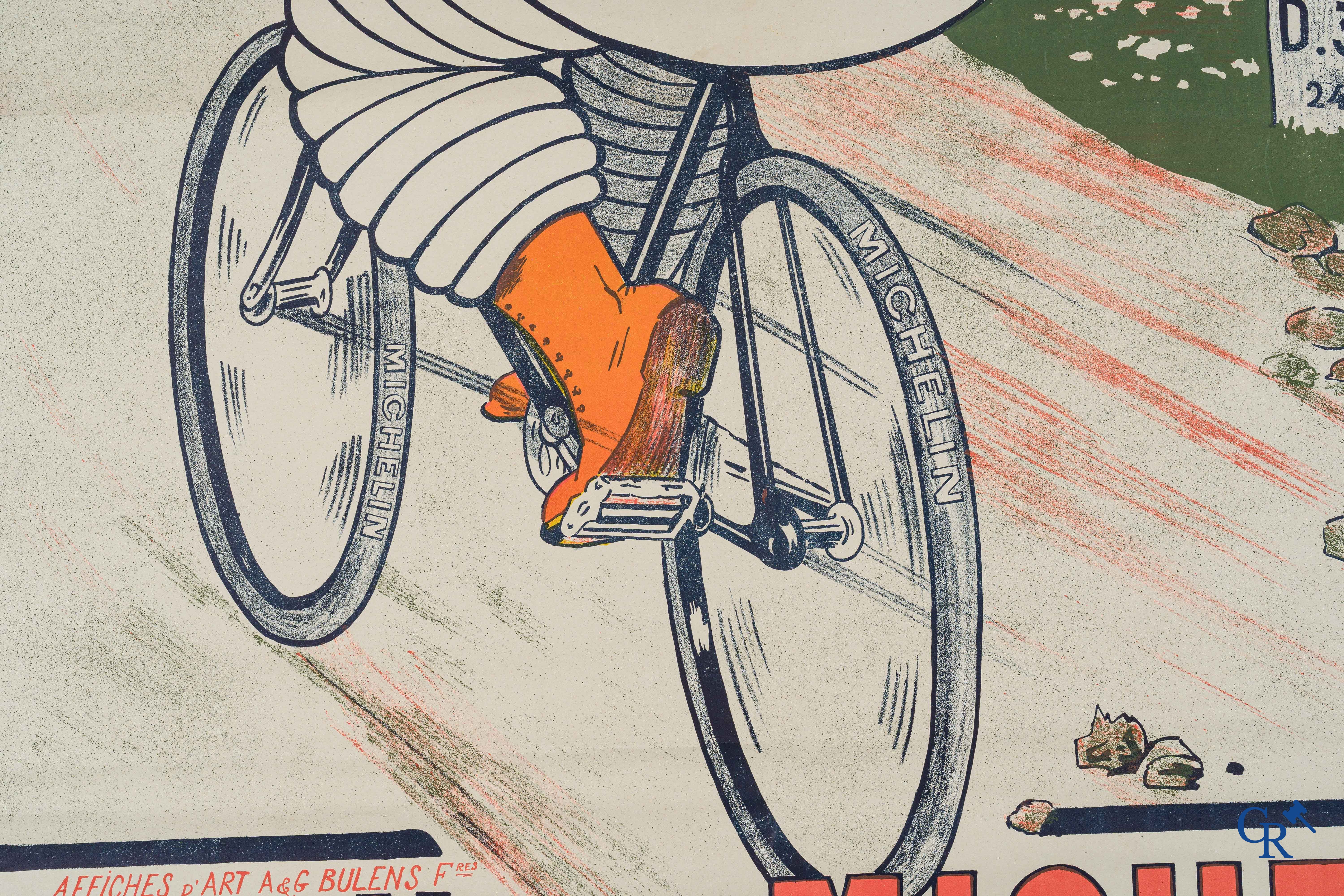 Pneu Vélo Michelin. Affiche voor fietsbanden Michelin. Zeldzame Belgische uitgave. Bulens Frères Bruxelles. Circa 1920.