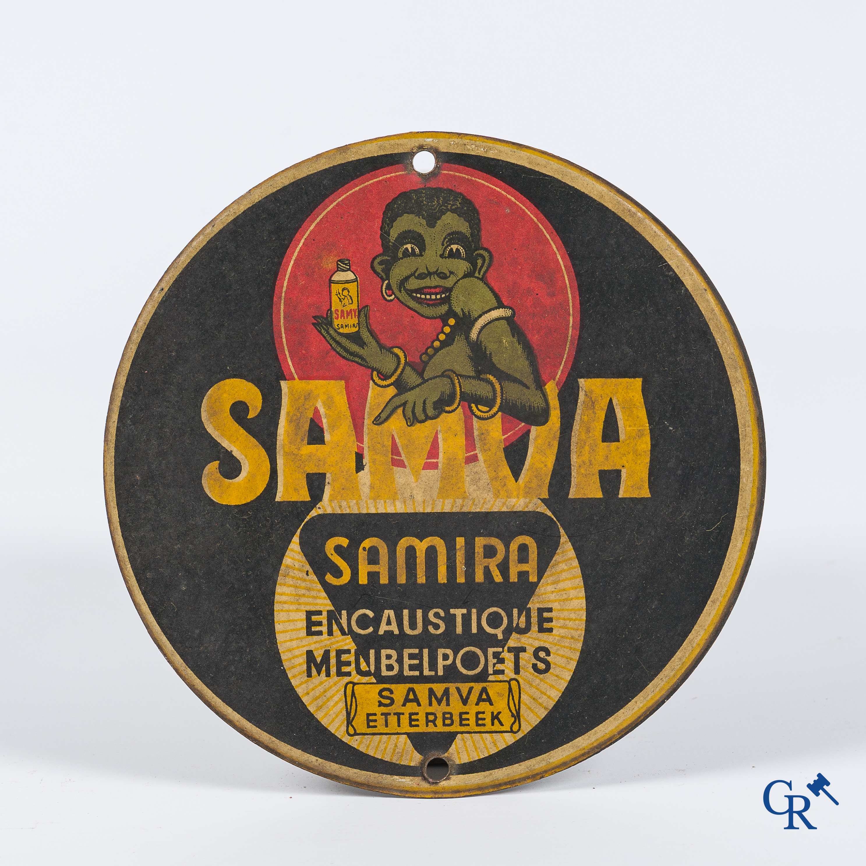 Deurpost in bedrukt blik voor meubelpoets Samira van de firma Samva te Etterbeek. Jaren '30.
