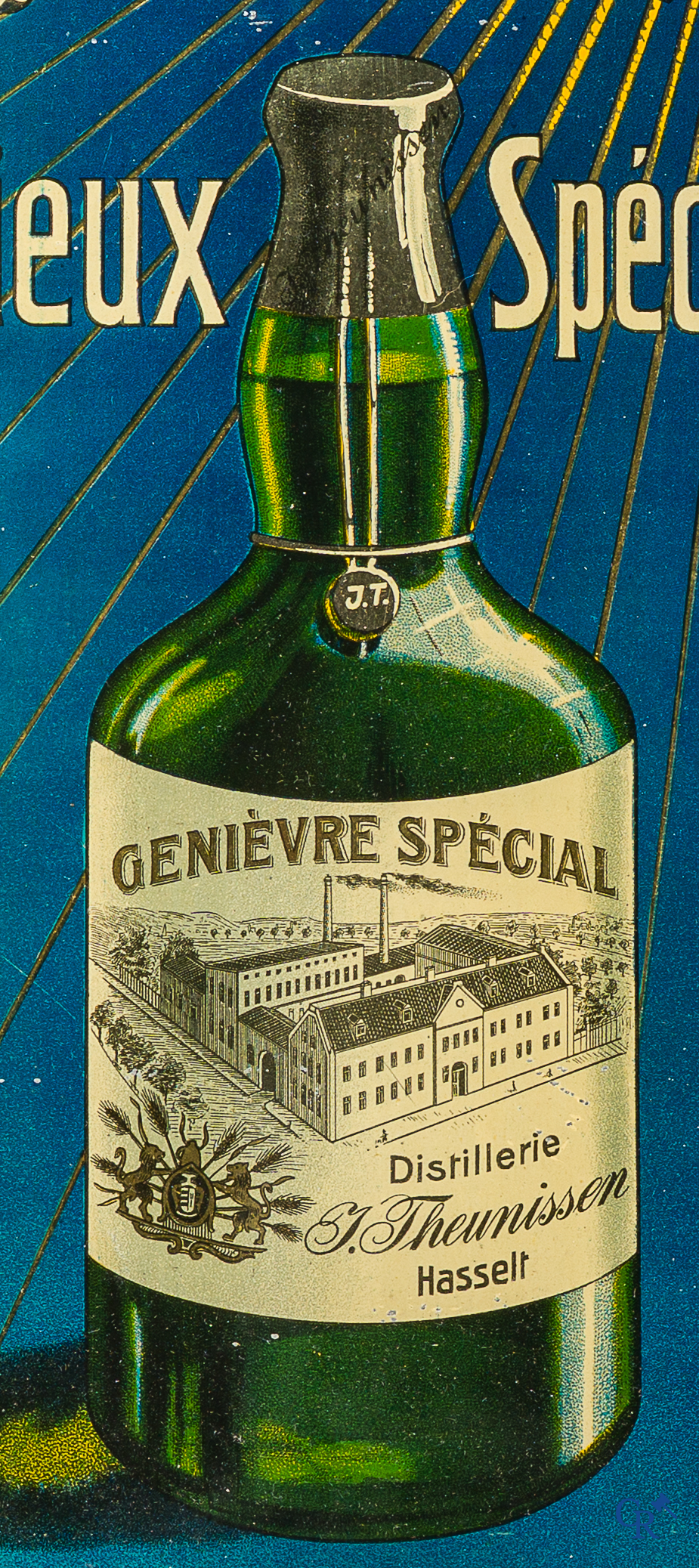 J. Theunissen Hasselt. Publiciteit in beschilderd metaal voor Speciale Oude Hasseltse Jenever. Jaren '20-30.