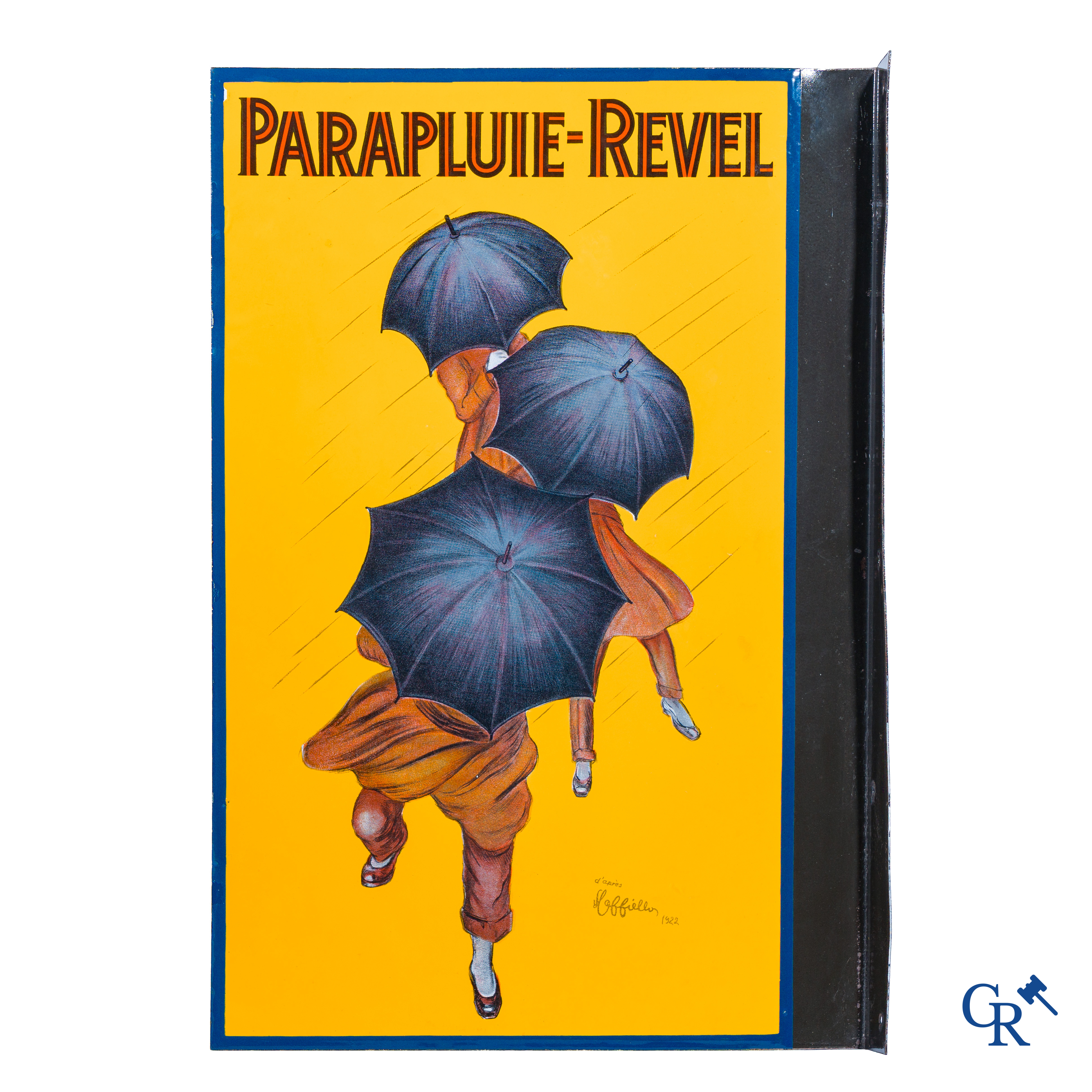 Parapluie-Revel. Dubbelzijdig geëmailleerd uithangbord. Ontwerp van Leonetto Cappiello. Jaren '20.