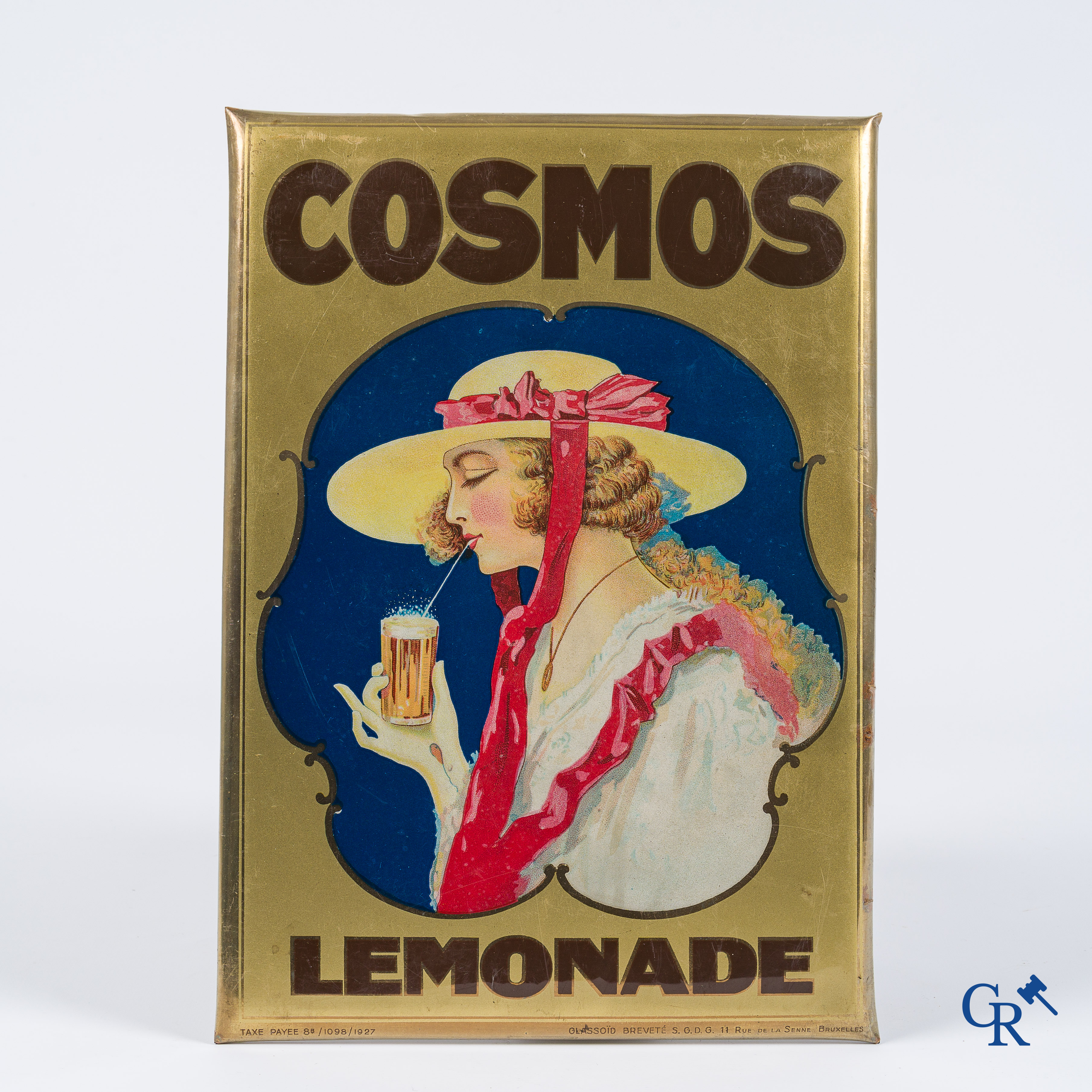 Cosmos Lemonade. Mooie Art Deco publiciteit voor limonade. Glasoïde op metaal. 1927.