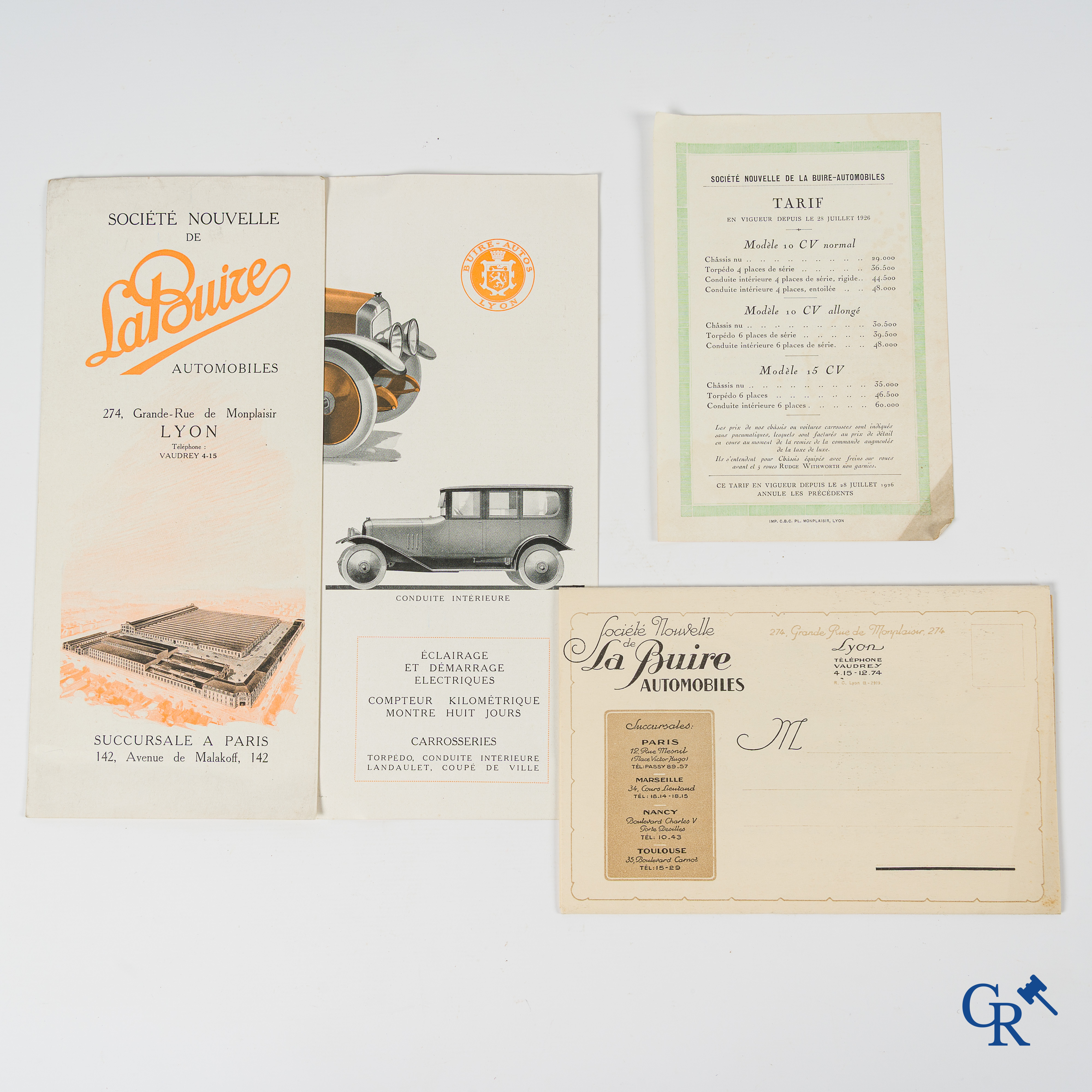 La Buire Automobiles, Uitzonderlijk opvouwbare publiciteitsenveloppe en een folder met prijslijst. 1924-1926.