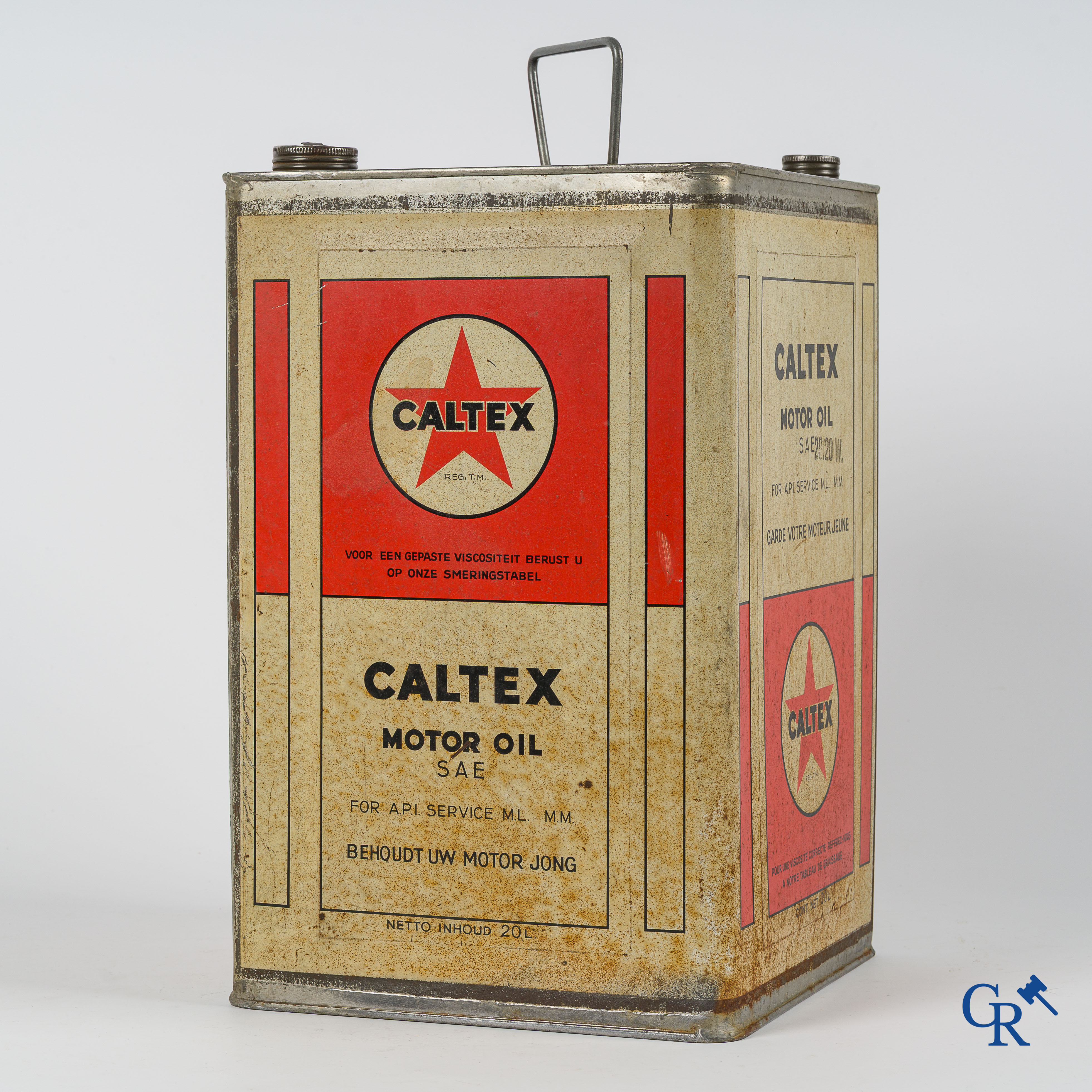 Caltex Motor Oil, Groot olieblik, 20L. Zeldzame Belgische uitvoering. "Behoudt uw motor jong". Jaren '40.