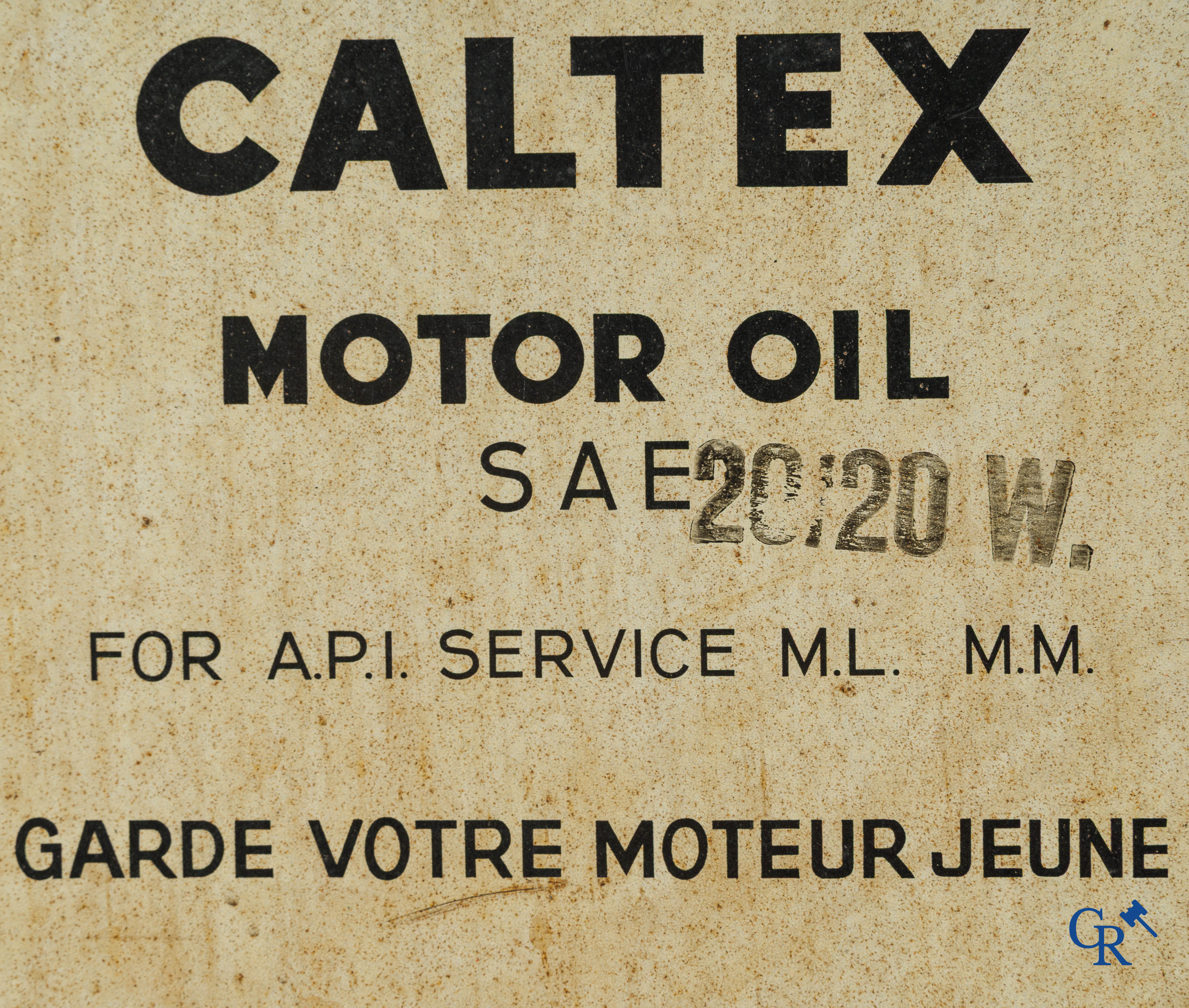 Caltex Motor Oil, Groot olieblik, 20L. Zeldzame Belgische uitvoering. "Behoudt uw motor jong". Jaren '40.