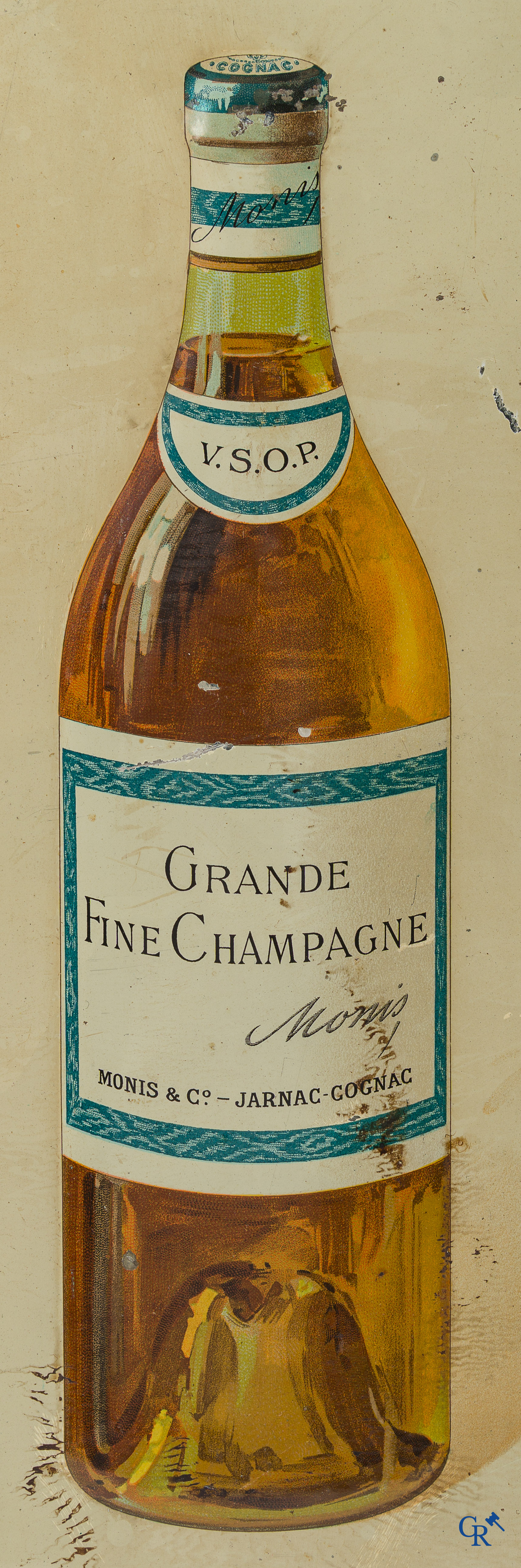 Monis & Cie, Jarnac-Cognac. Zeldzame publiciteit in blik voor Grande Fine Champagne Monis. Jaren '30.