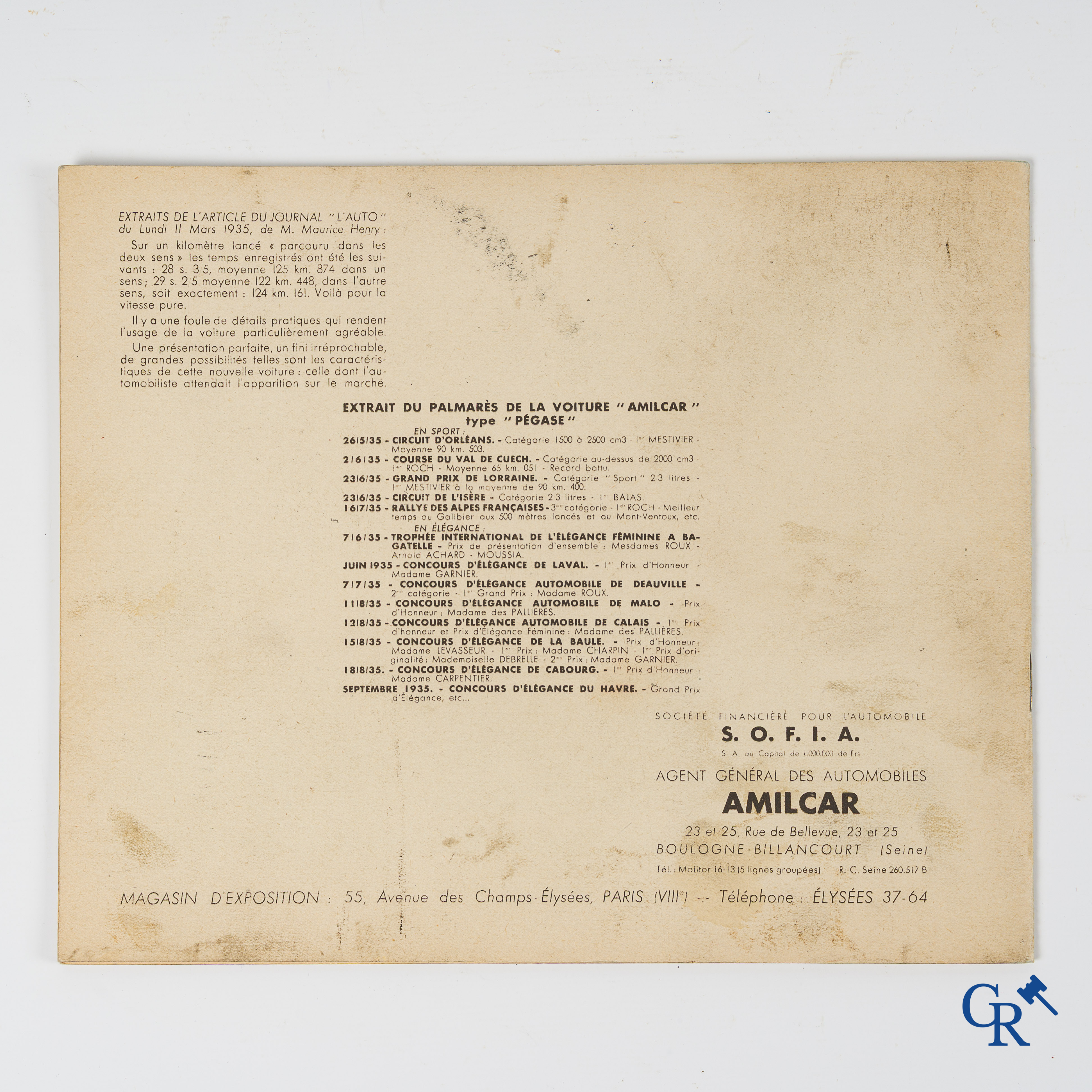 Automobilia. Géo Ham voor Amilcar. Originele publiciteitsfolder voor Amilcar, modèles Pégase. 1935-1936.