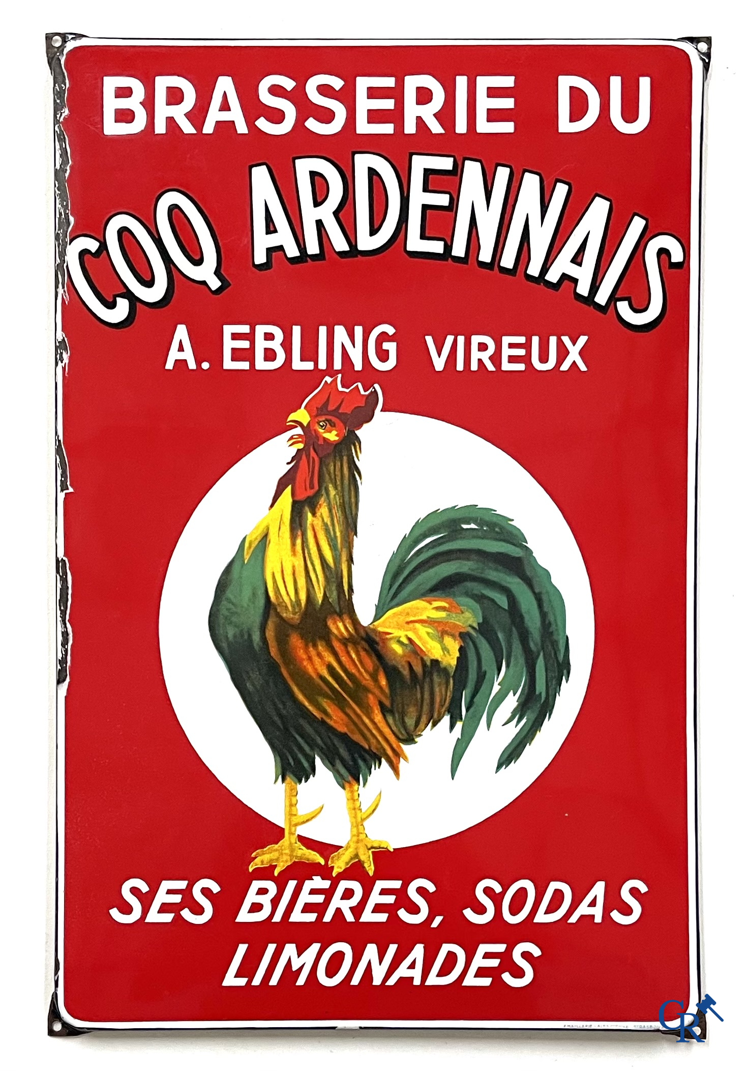 Brasserie du Coq Ardennais, Origineel reclamebord voor bieren, sodas en limonades van brasserie Ebling à Vireux.