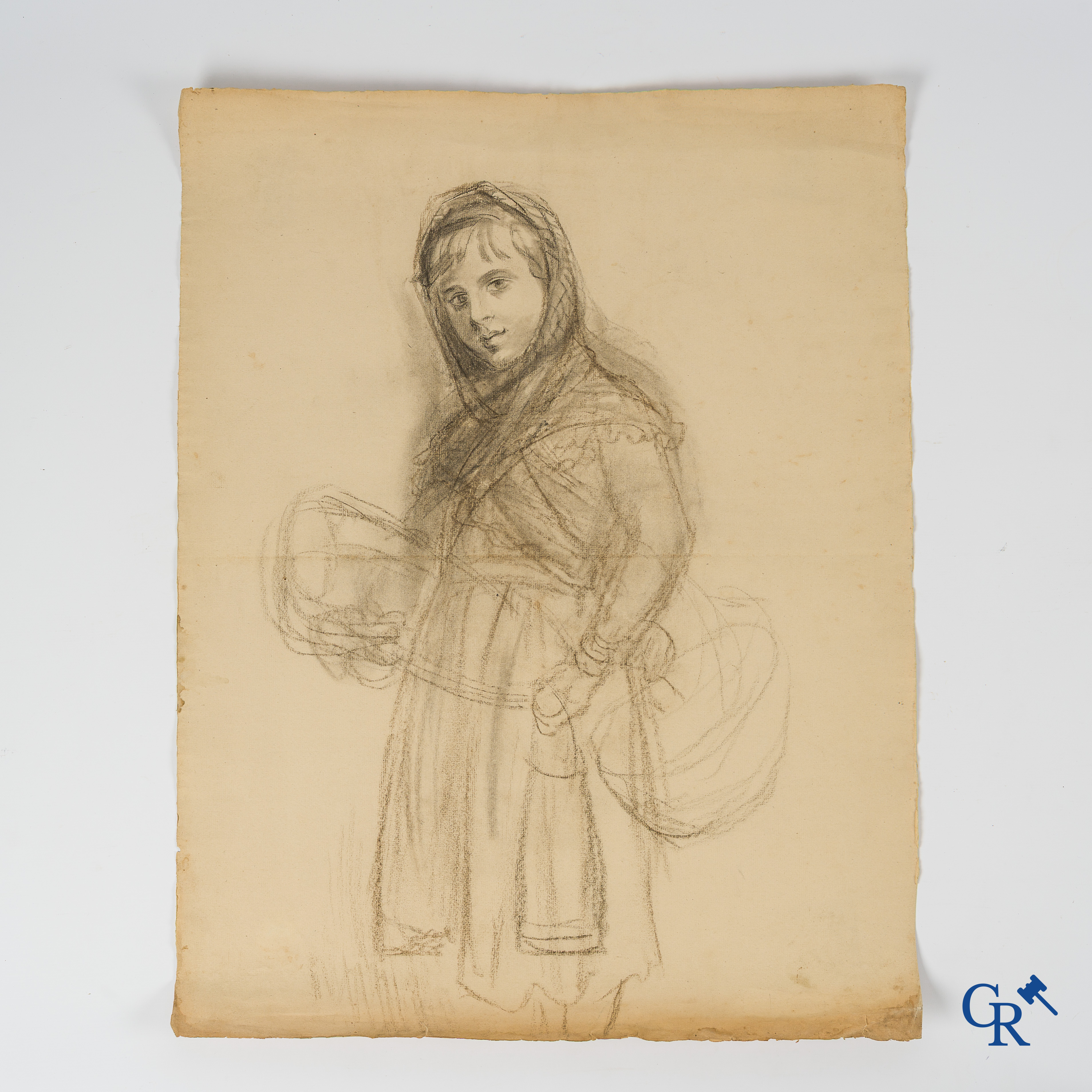 Firmin Bouisset (1859-1925) Portret van een meisje. Project voor Chocolade Menier. Houtskool op papier.