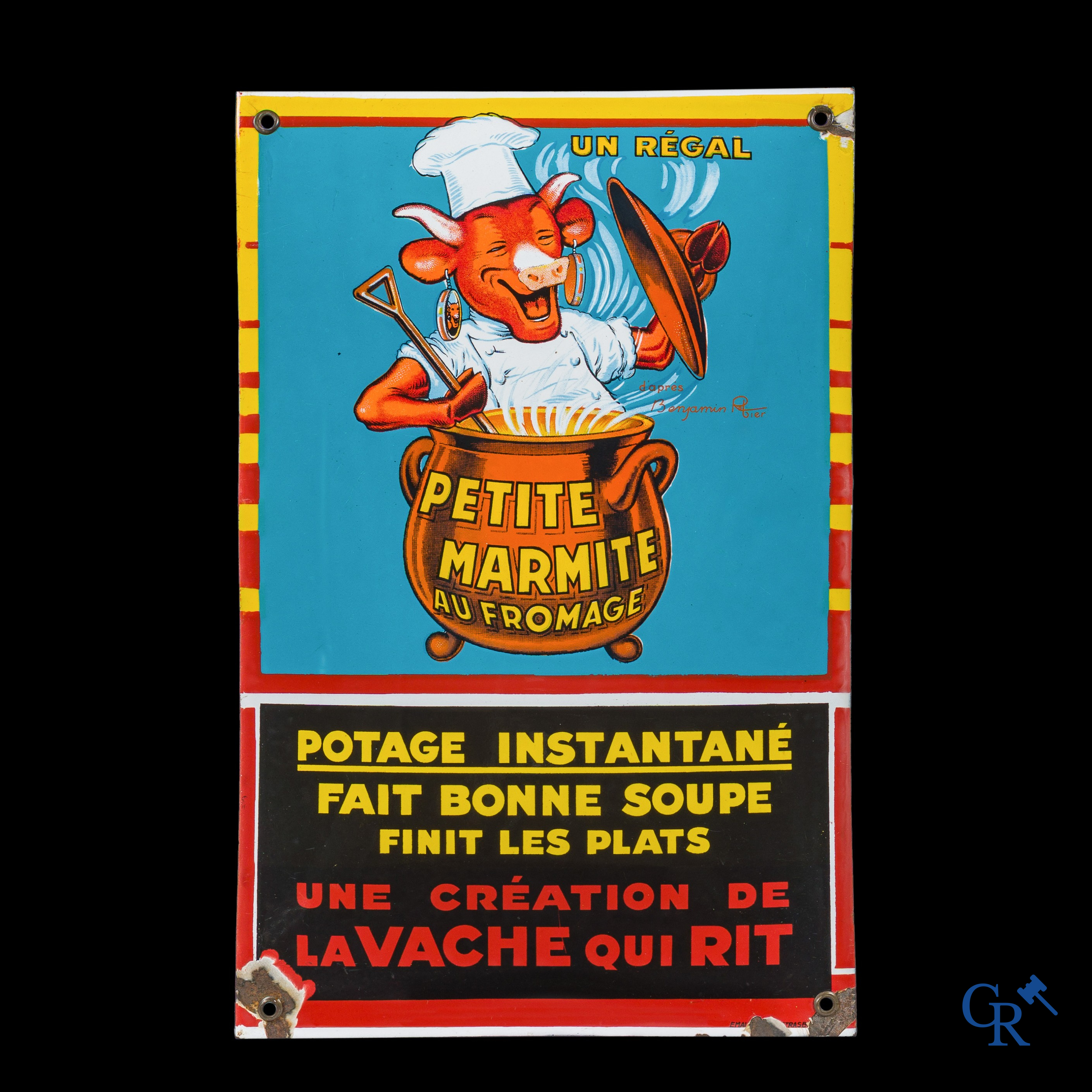 La Vache Qui Rit, zeldzaam emaille reclamebord. "Petite Marmite" naar een ontwerp van Benjamin Rabier. Circa 1930.
