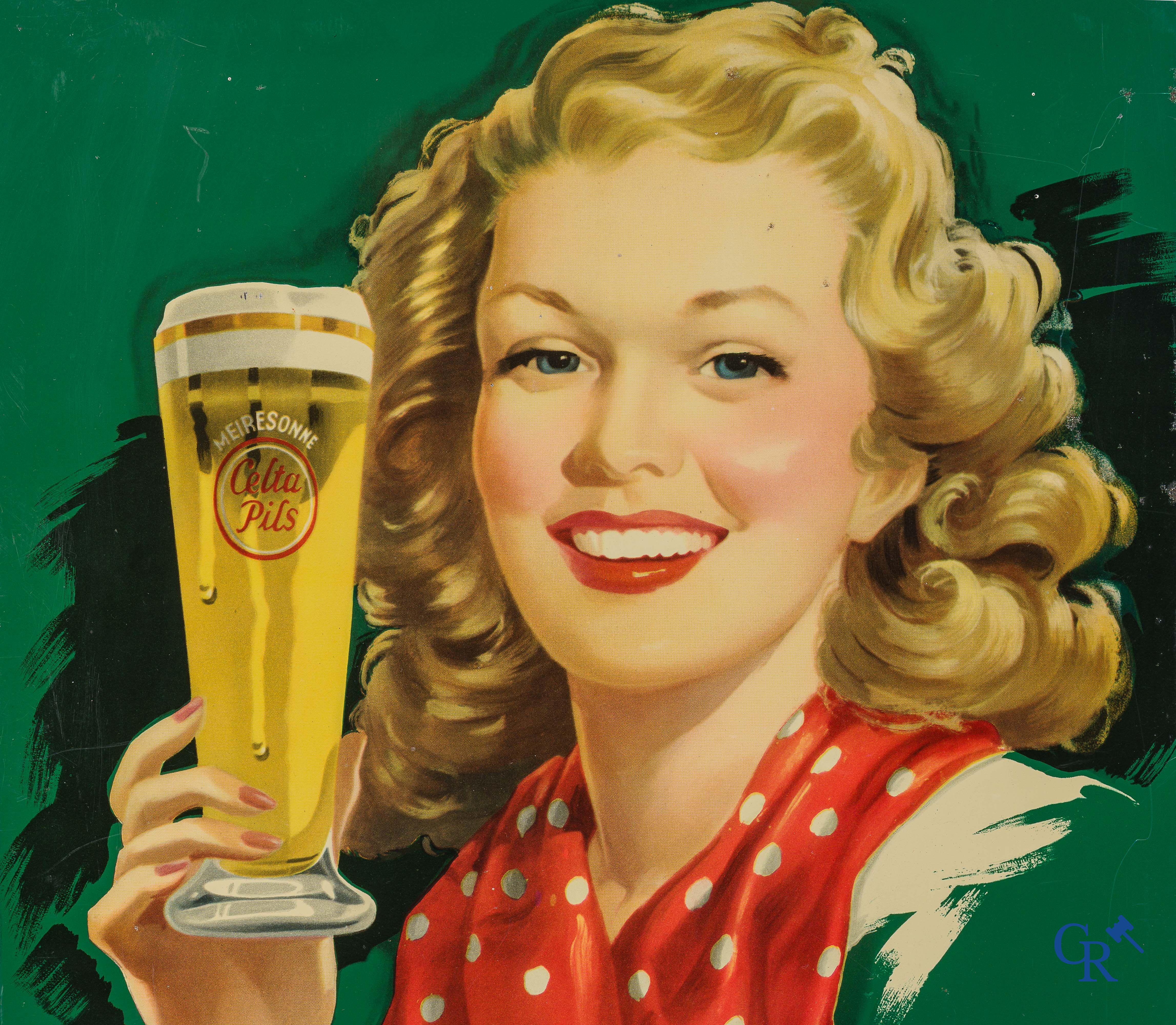 Celta-Pils. Publiciteitsbord in beschilderd blik voor de bieren van Brouwerij Meiresonne te Gent. 1950.