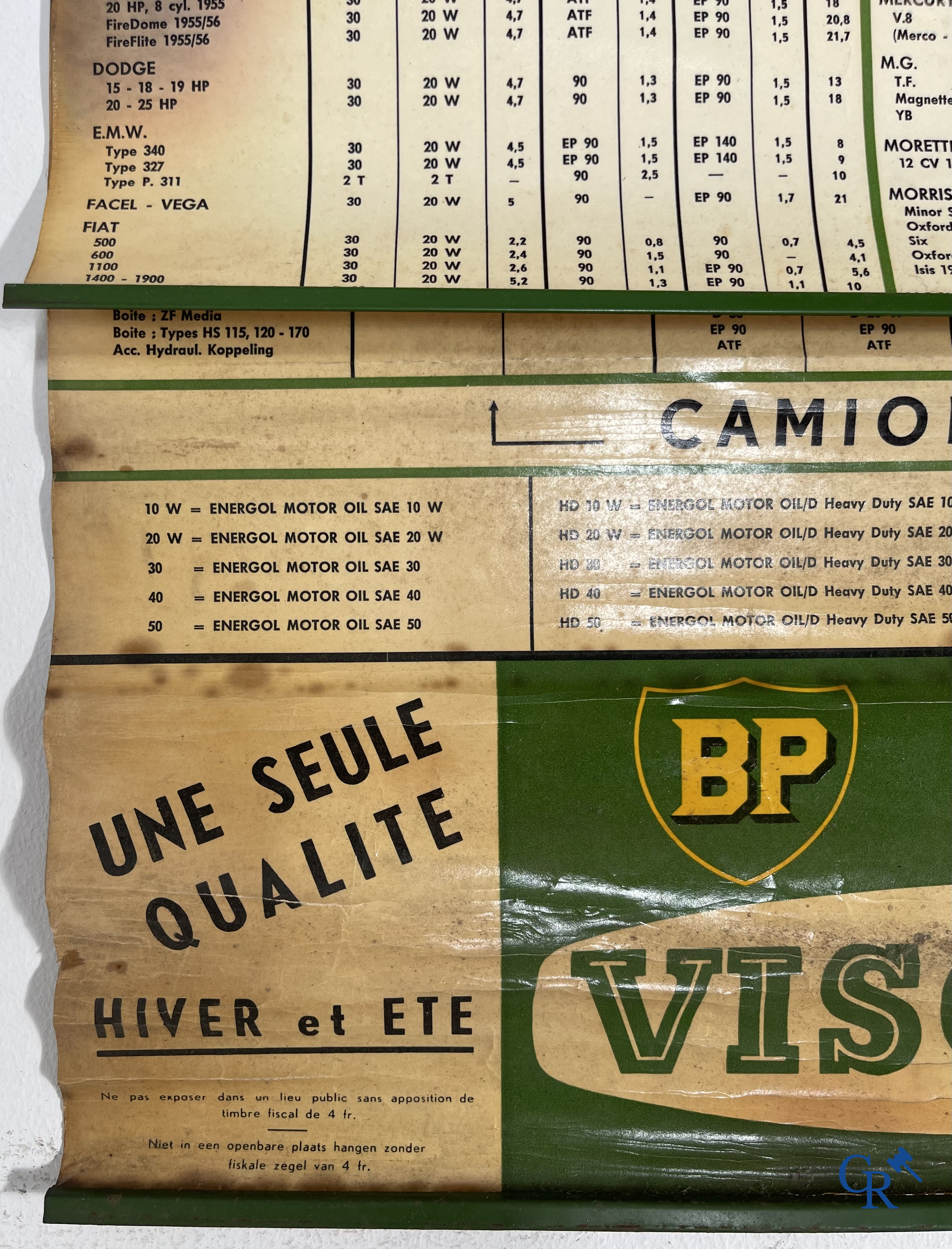 Automobilia. BP. Lot avec des bidons d'huile BP, tableaux de graissage et une tenue pour pompiste de la marque BP. Années '40-'50-'60.