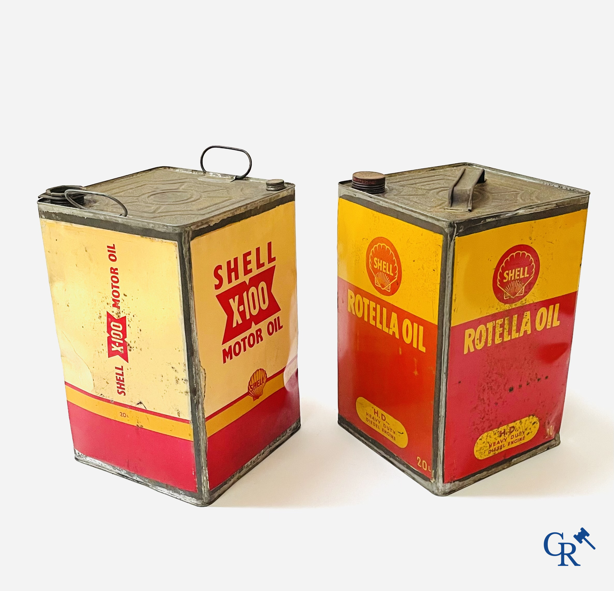 Shell, 3 grote olie blikken, 20L. Shell 2 takt, Rotella Oil, Shell X-100 Motor Oil. Jaren '50.