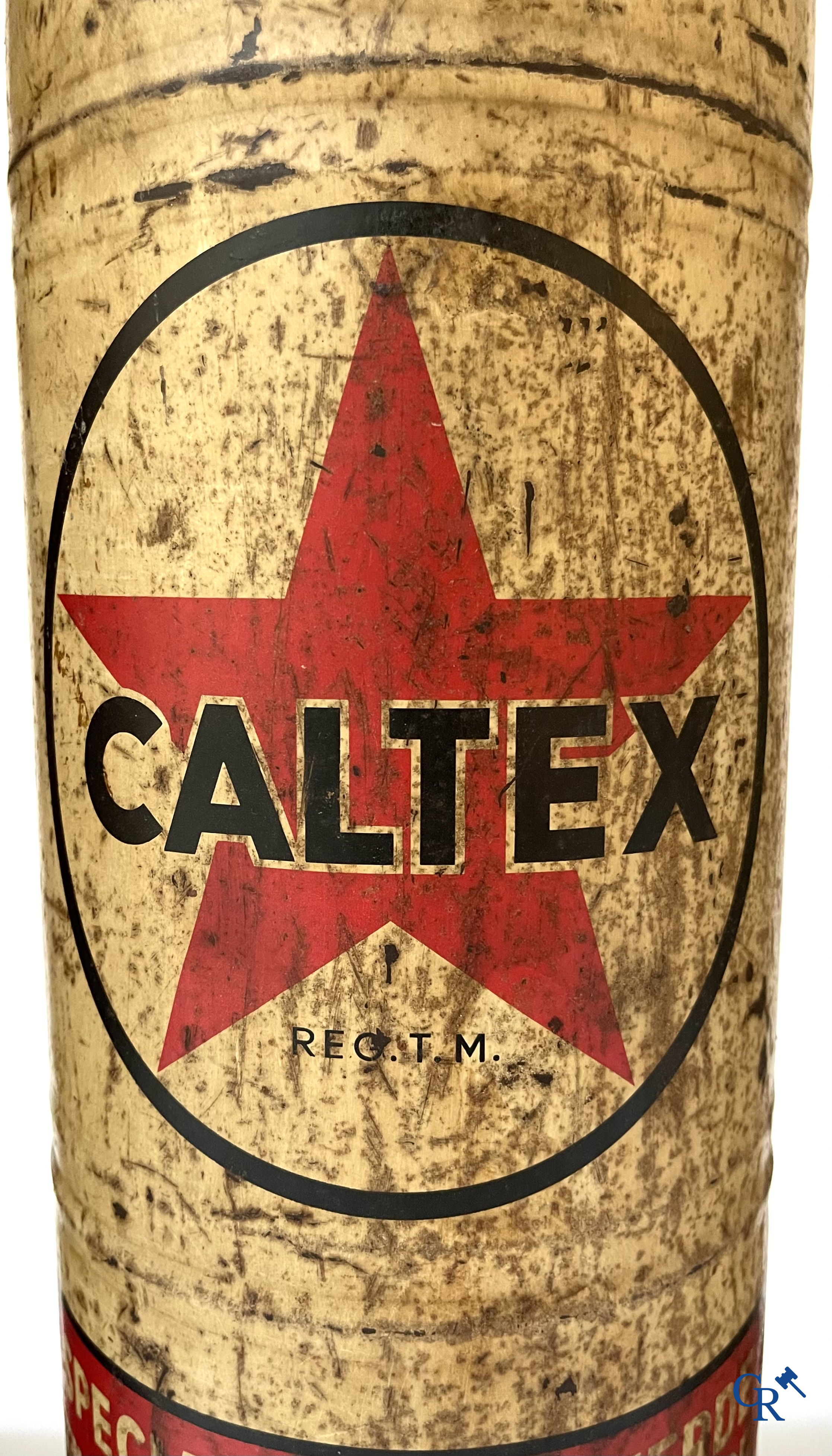 3 Grote olieblikken, 10 Liter, voor Caltex en Trading oil, Comptoir Houiller Bruxellois. Jaren '40.
