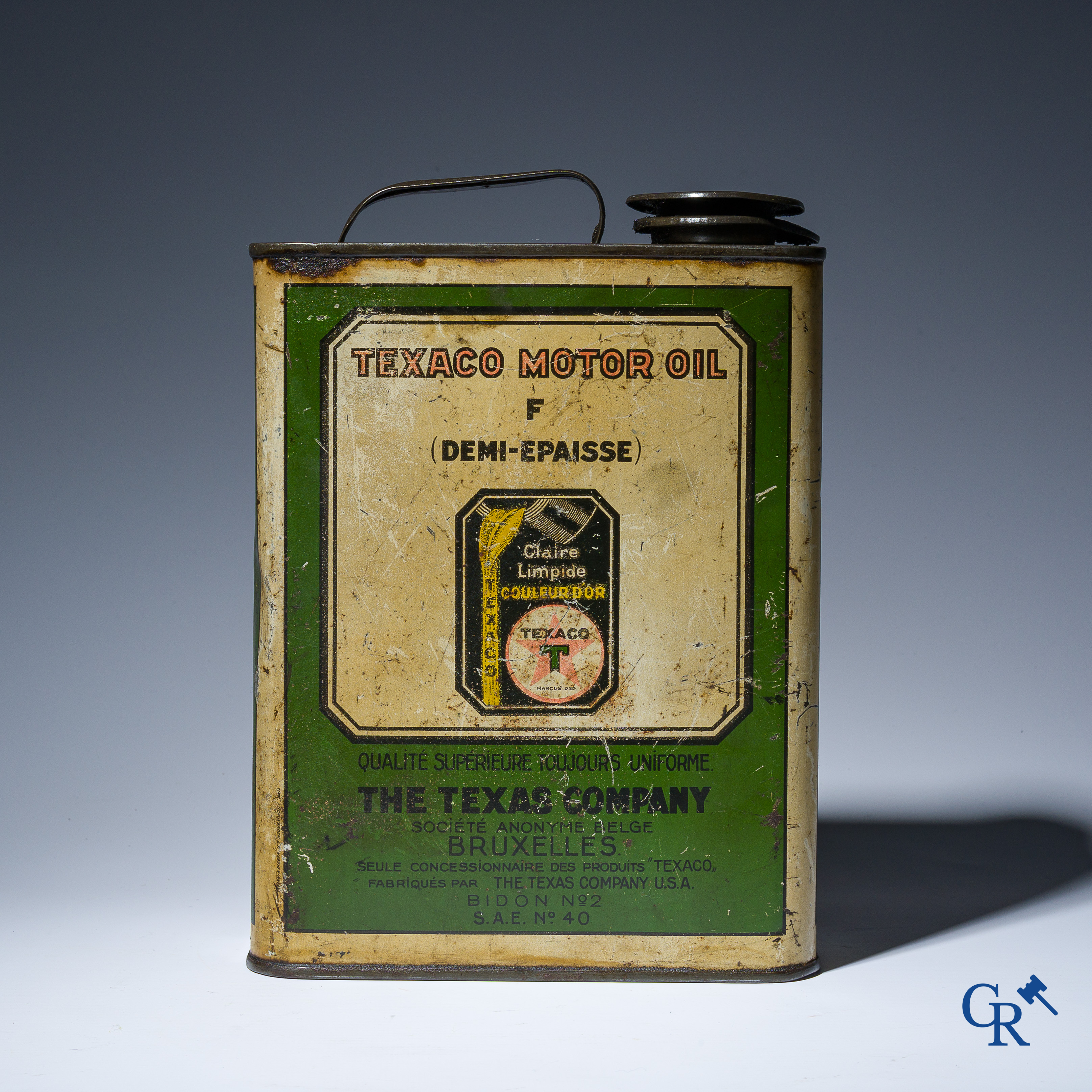 Texaco Motor Oil. Olieblik voor The Texas Company Bruxelles. Jaren '30. Etabl. J. Schuybroek S.A. Hoboken Anvers.