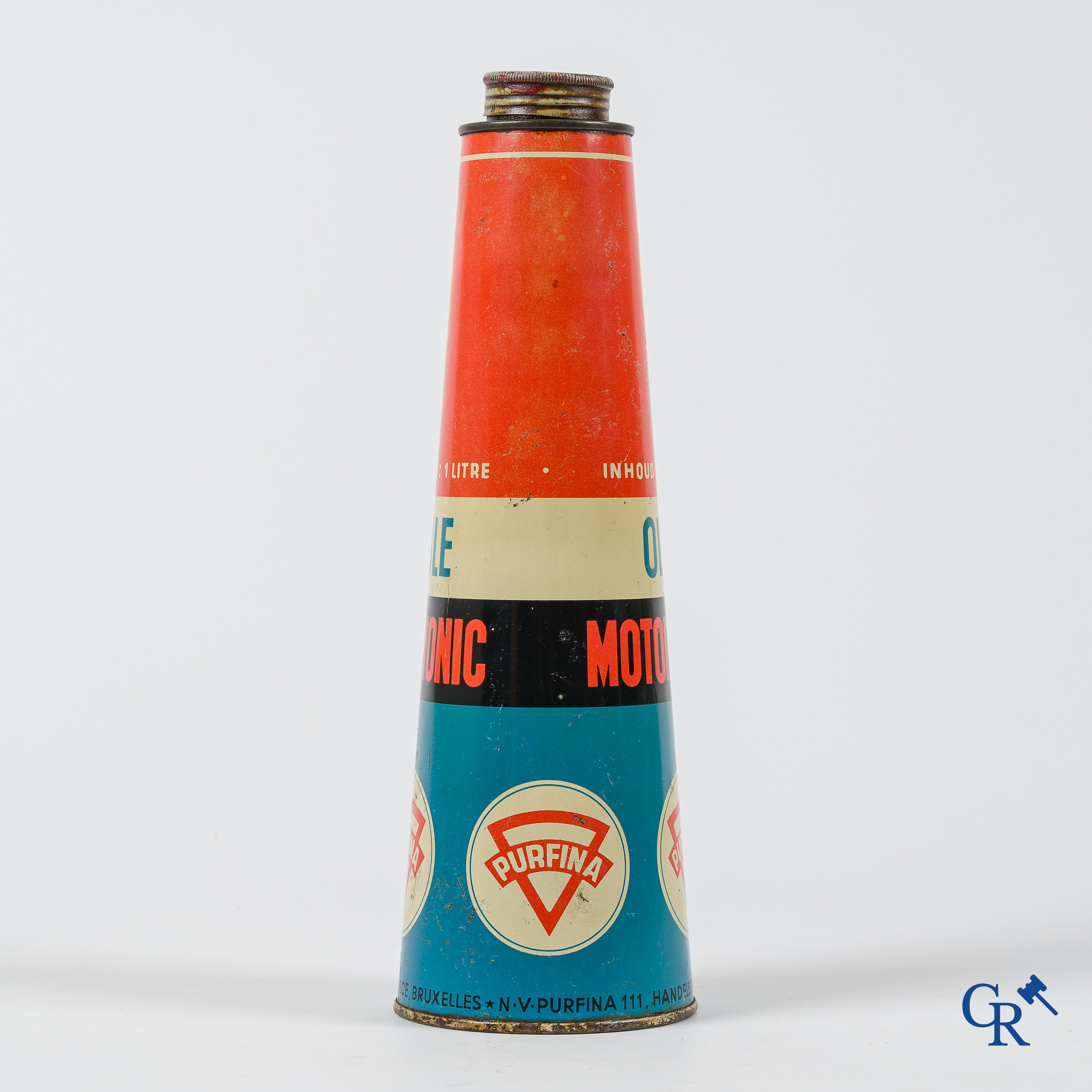 Purfina, conisch olieblik 1 Liter. Olie Motortonic. N.V. Purfina, 111 Handelstraat Brussel.