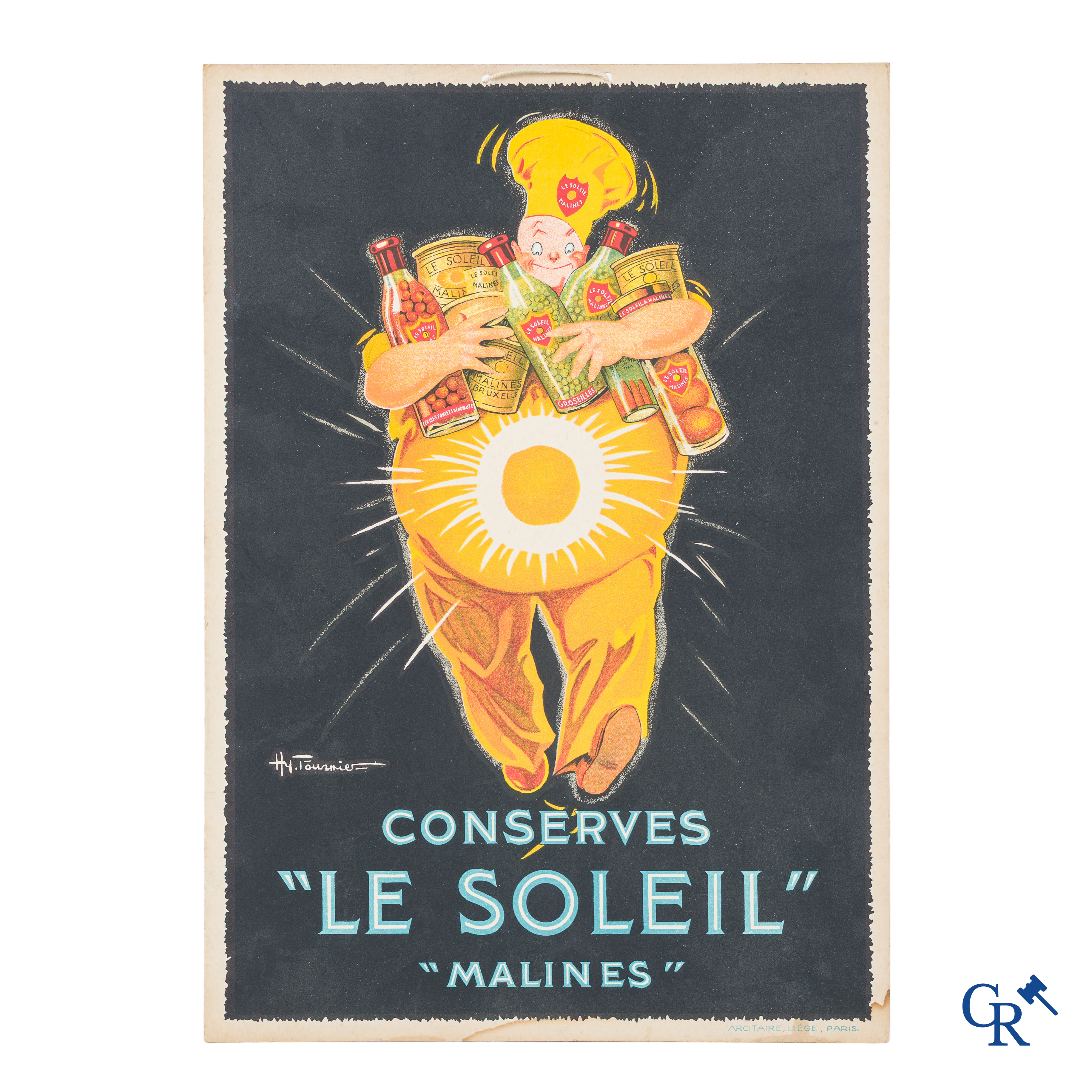 Conserves "Le Soleil" Malines, Publiciteit op karton. Arcitaire, Liége, Paris. Gesigneerd Henry Fournier.