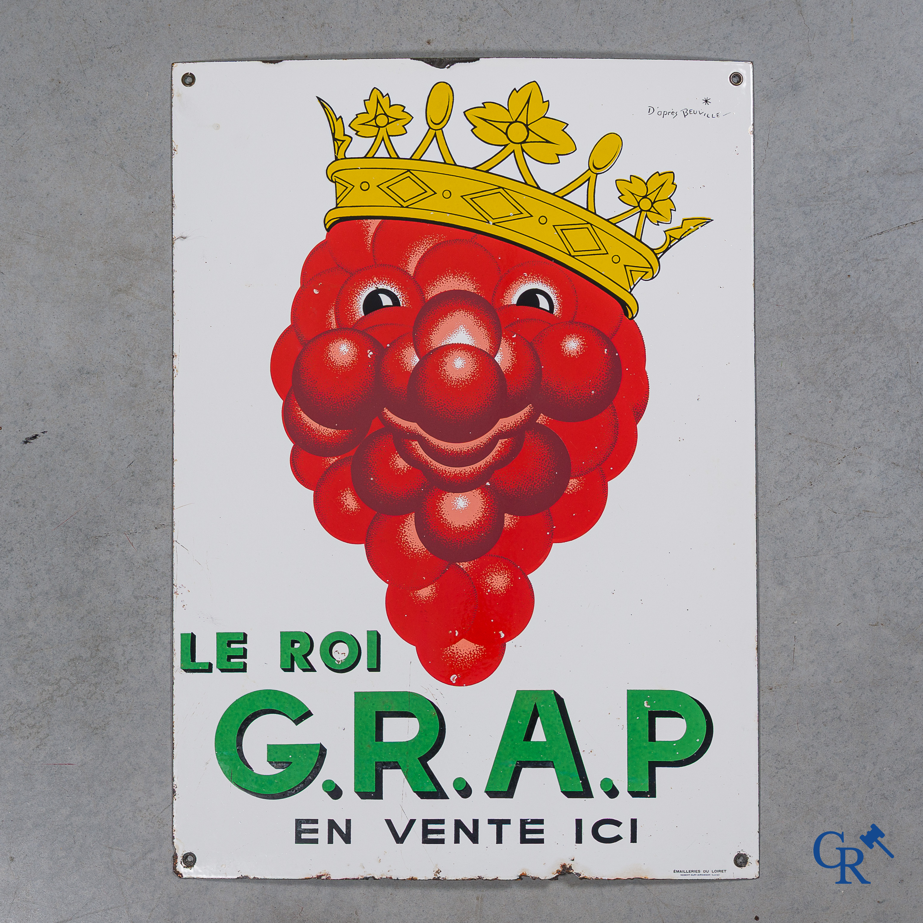 Georges Beuville (1902-1982) Le Roi G.R.A.P. Emaille reclamebord, zeldzame grote versie. Emailleries du Loiret.