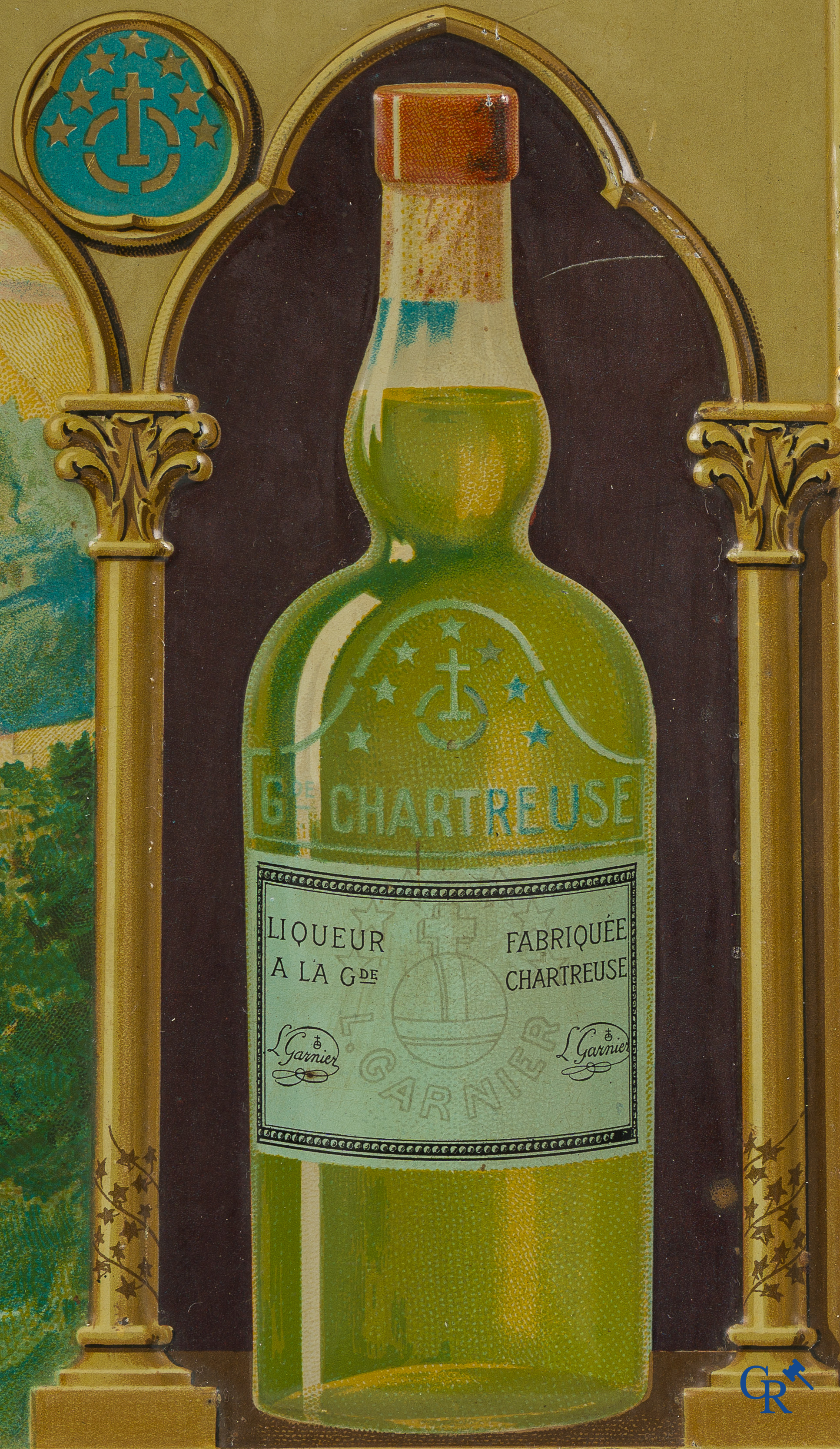 L. Garnier. Publiciteits bord in blik voor de Liqueurs & Elixir de la Grande Chartreuse.