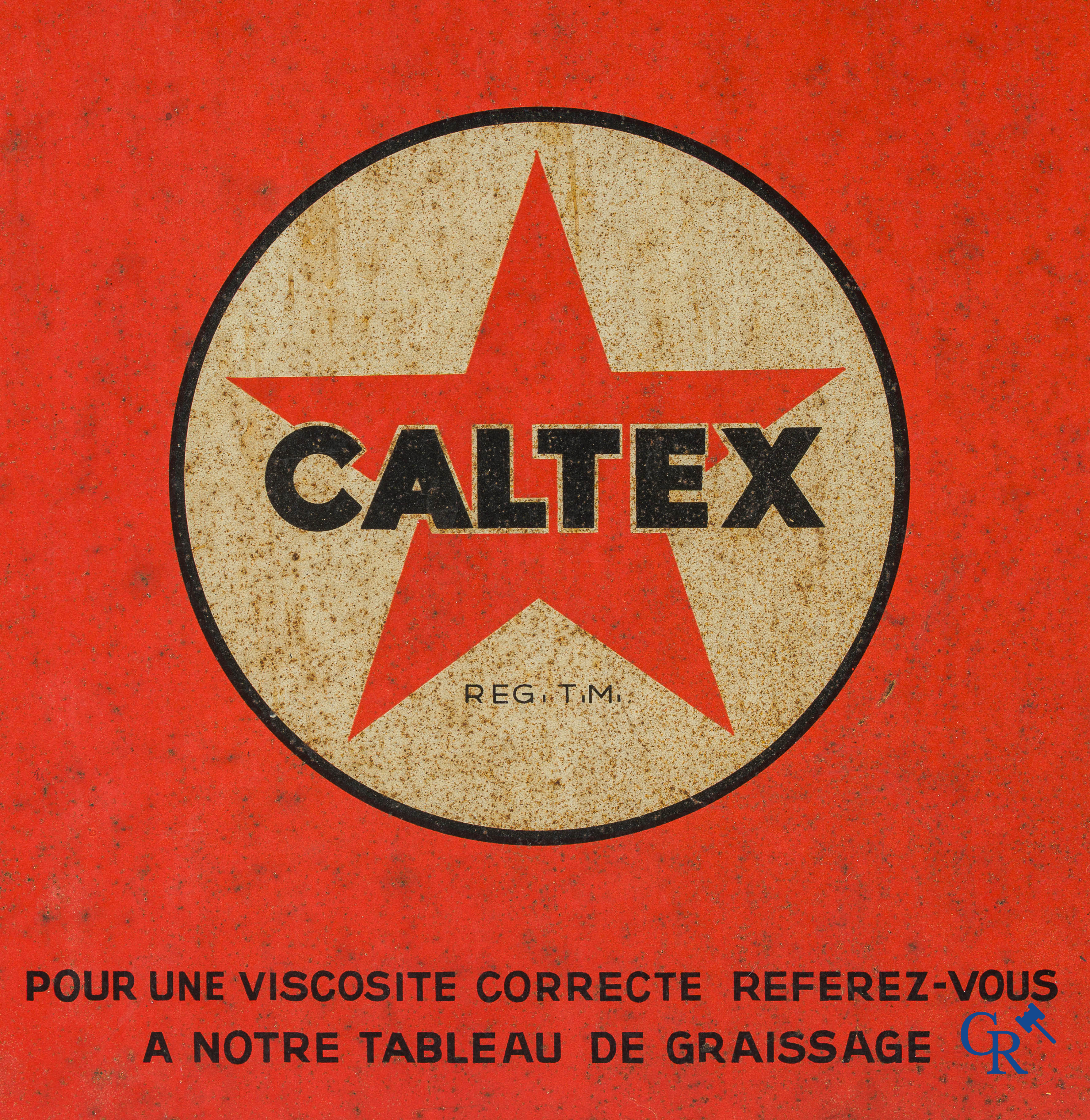 Caltex Motor Oil, Groot olieblik, 20L. Zeldzame Belgische uitvoering. "Behoudt uw motor jong". Jaren '40.