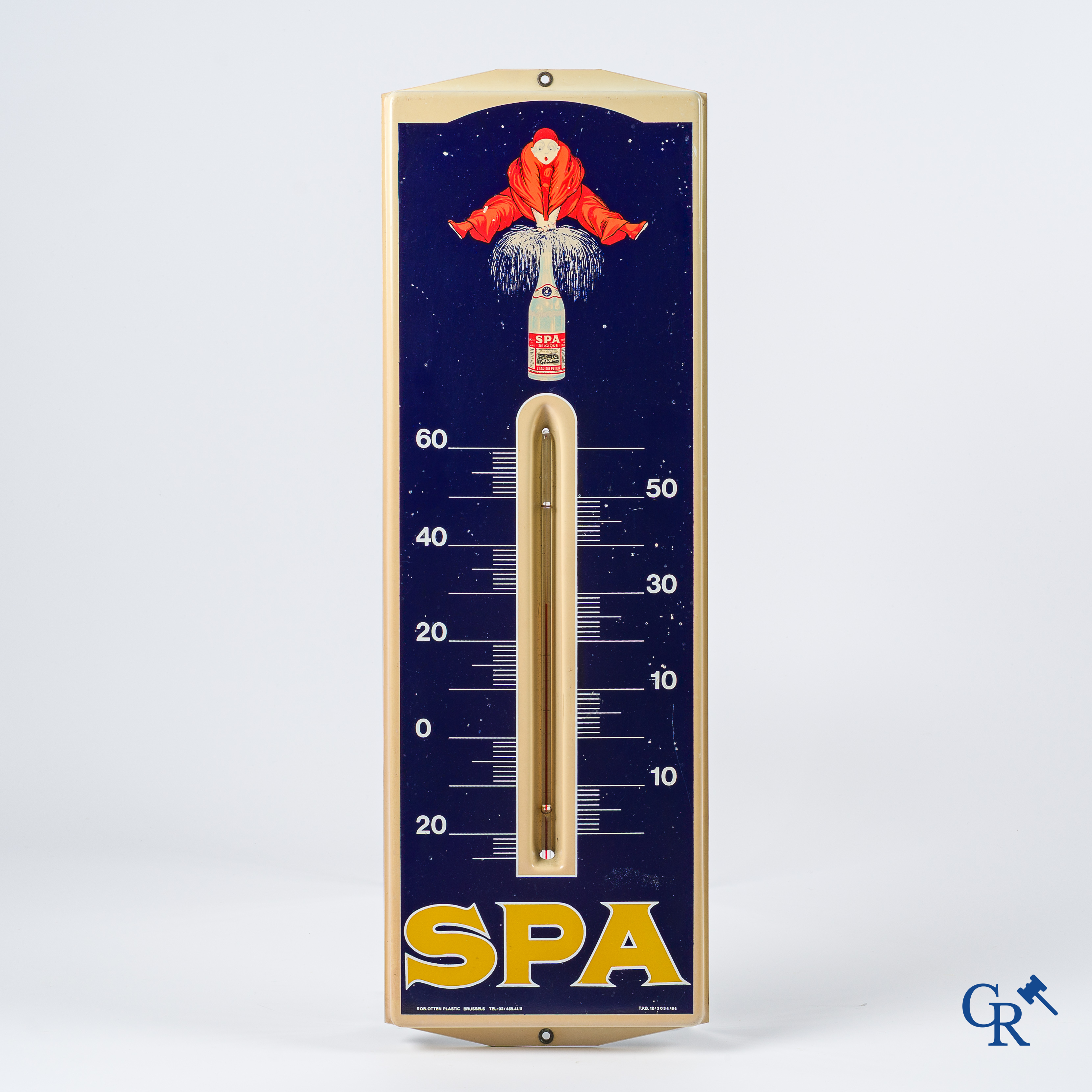 Spa, Reclamethermometer in hard plastiek voor Spa water. Zeldzame jongere versie uit de 80'er jaren. Rob. Otten. 1984.
