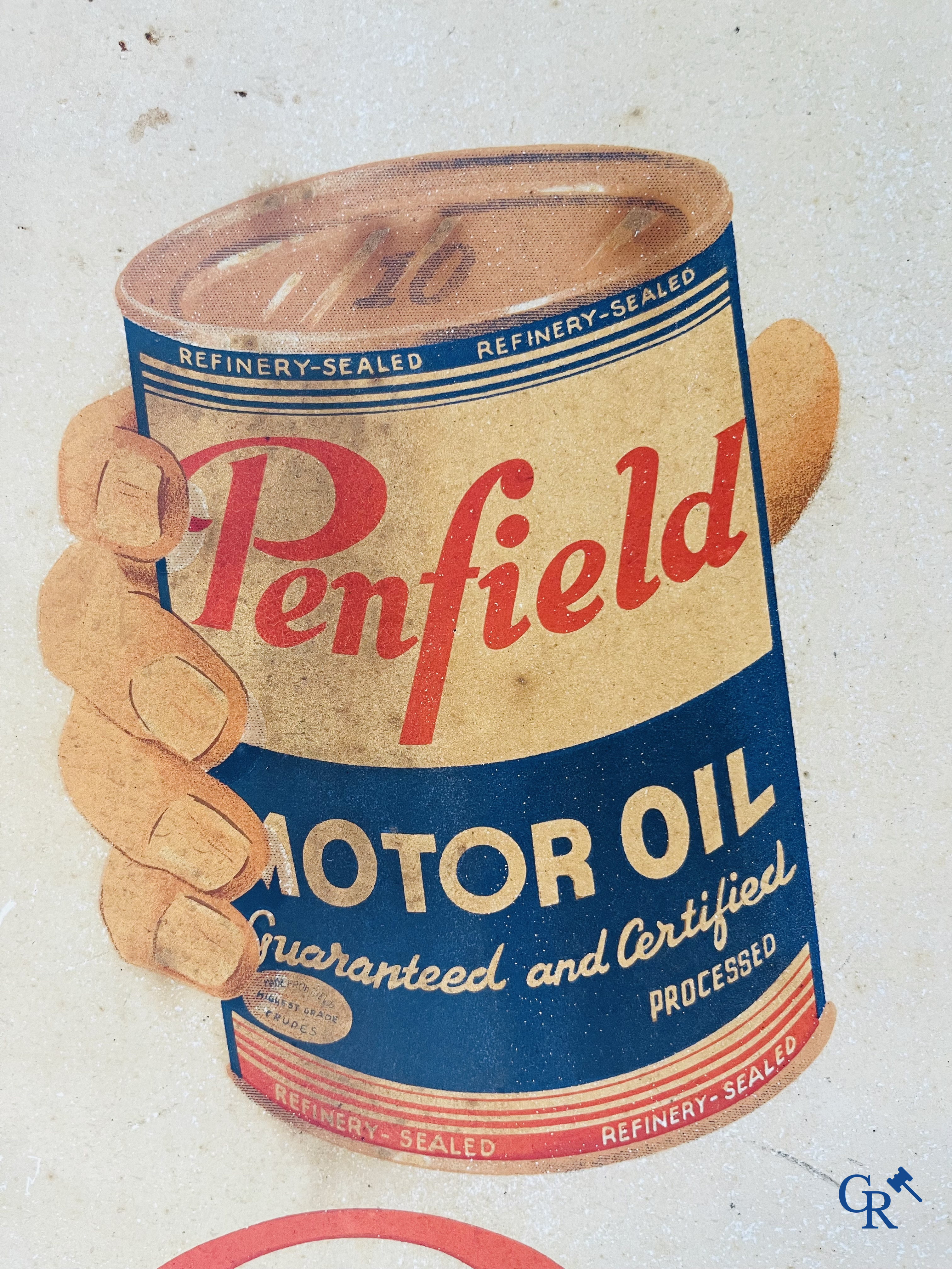 Penfield, 100% Pure Pennsylvania Motor Oil. Publicité en tôle lithographiée pour l'huile moteur. Signé Decock 1947.