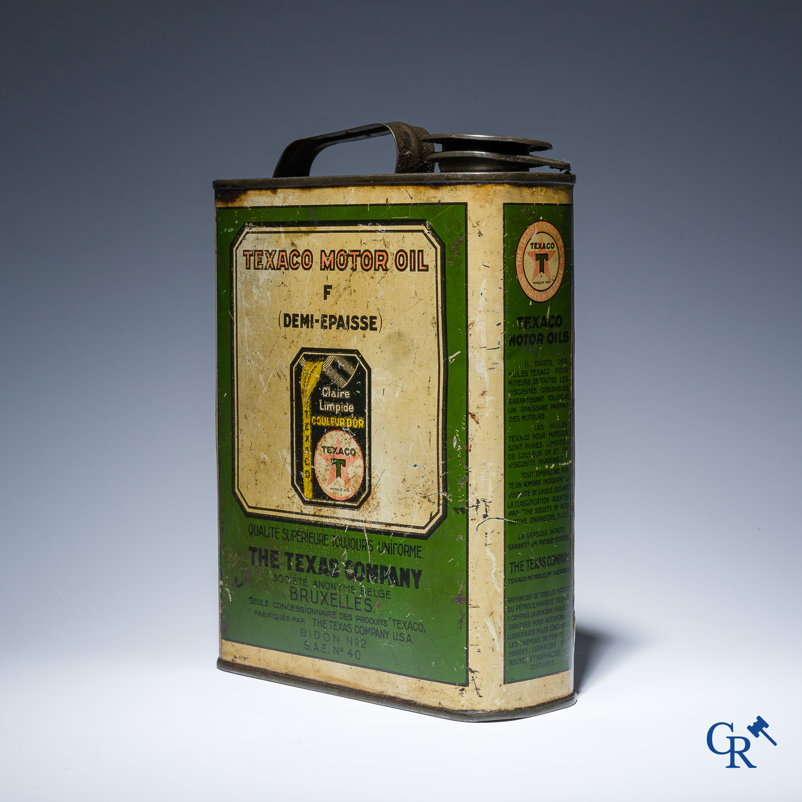 Texaco Motor Oil. Olieblik voor The Texas Company Bruxelles. Jaren '30. Etabl. J. Schuybroek S.A. Hoboken Anvers.