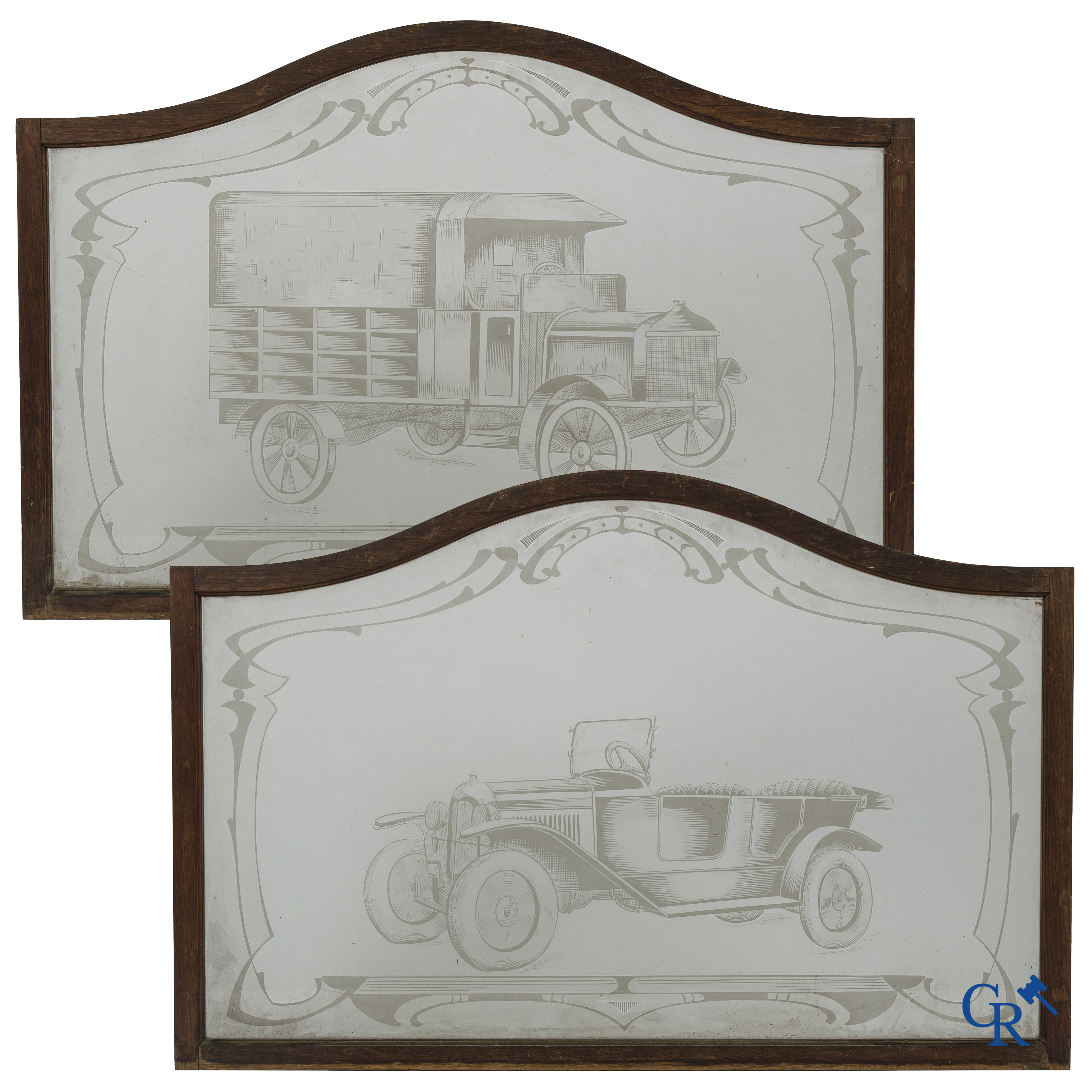 Automobilia. 2 geëtste ramen met voorstelling van een Citroën Torpedo en een Berliet bestelwagen. Circa 1925 -1930.
